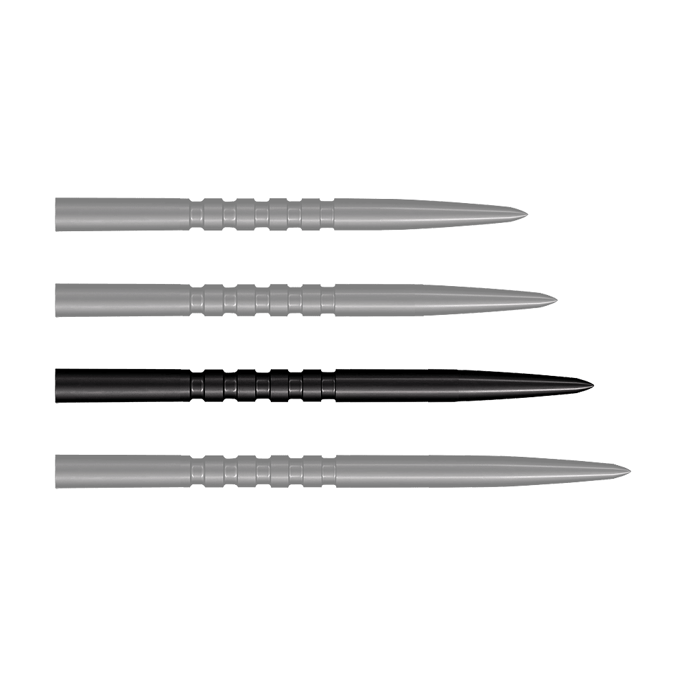 Puntas de dardos Shot Grip Point de acero - Negras Das Bild zeigt vier schwarze Stahlspitzen für Steeldarts, die nebeneinander liegen. Jede Spitze ist 38 mm lang und hat gerillte Griffzonen.