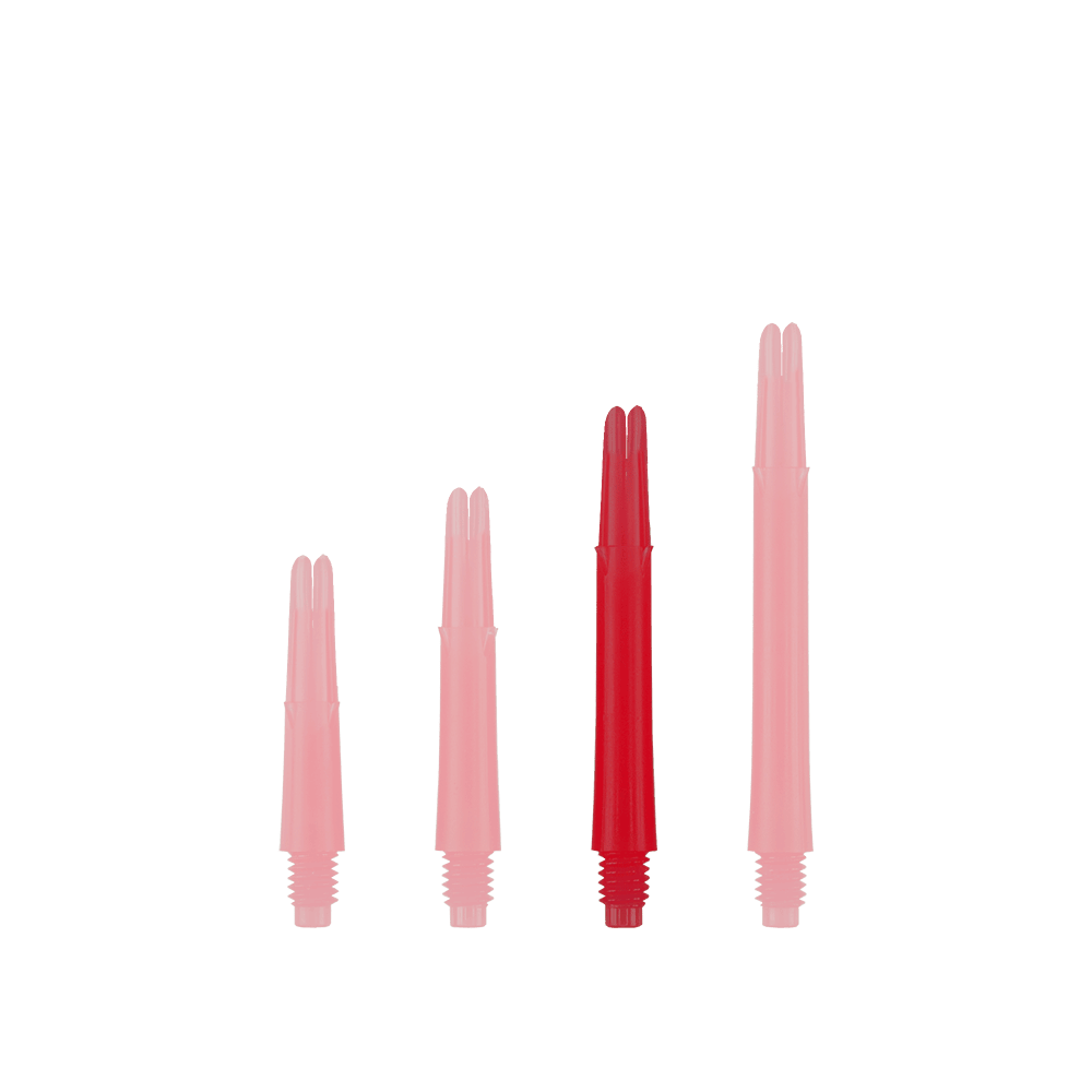 Ejes en L estilo L bloqueados rectos - rojo Auf dem Bild sind vier rote Dartschäfte in unterschiedlichen Längen zu sehen. Sie stehen nebeneinander aufrecht auf weißem Hintergrund.