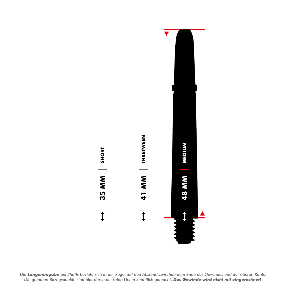 Das Bild zeigt drei verschiedene Längen von Koi Carbon Schäften: 35 mm (kurz), 41 mm (mittel) und 48 mm (lang). Die roten Linien markieren die Messpunkte, wobei das Gewinde nicht mitgerechnet wird.