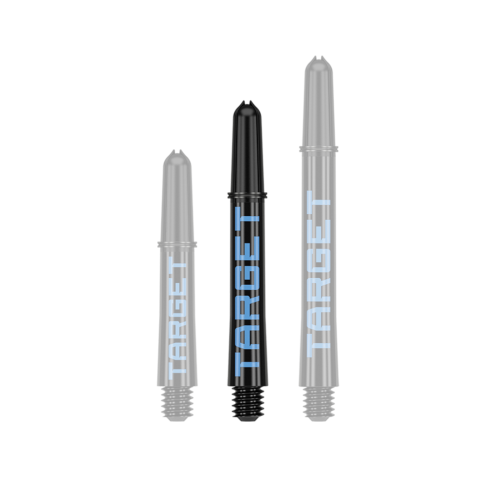 Varillas Target Pro Grip TAG - 3 juegos - Negro y azul Das Bild zeigt drei schwarze Dartschäfte in unterschiedlicher Länge mit blauer Aufschrift "TARGET". Sie sind in einer Reihe nebeneinander angeordnet.