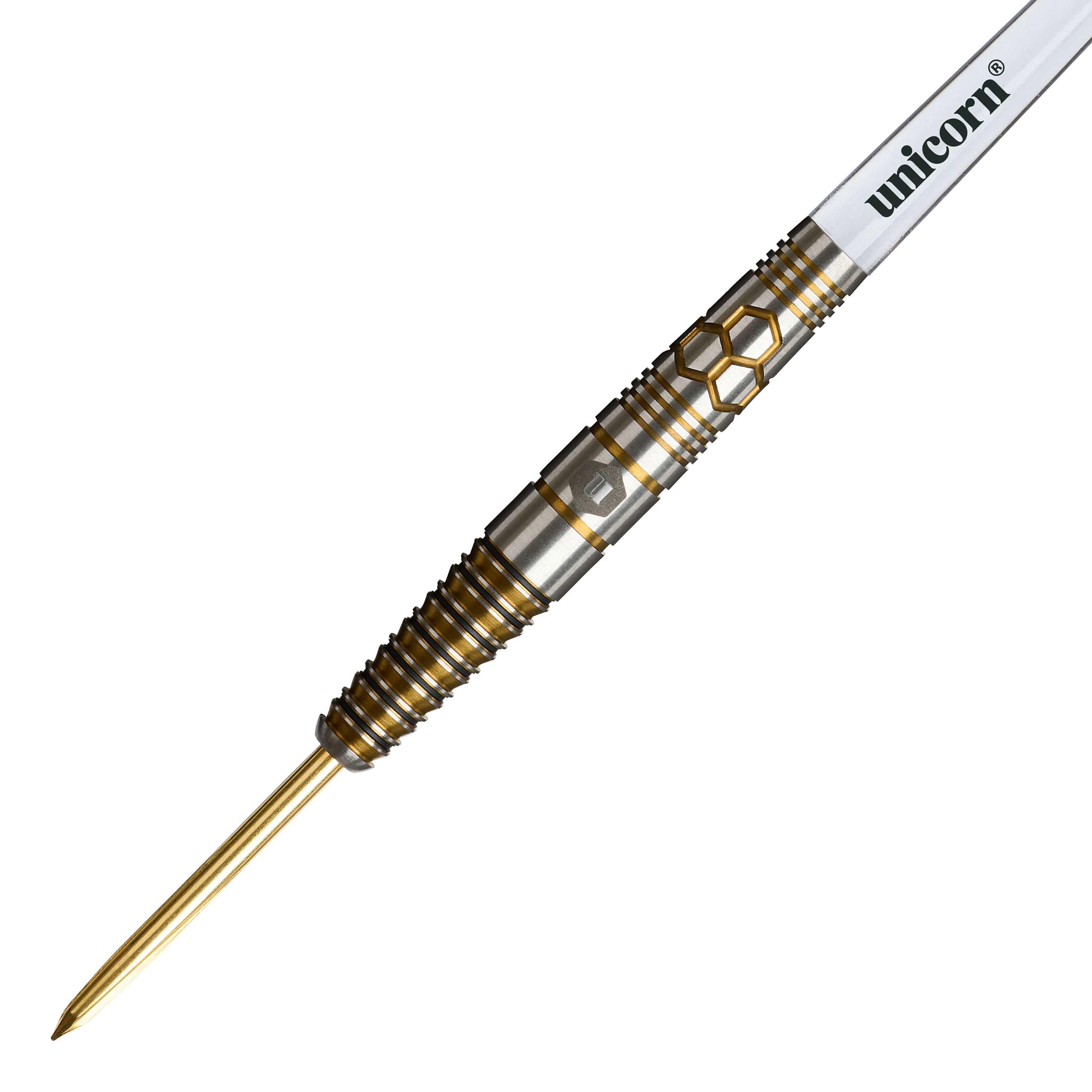 Dardos de acero Unicorn Hexium Style 03 dorados y negros Das Bild zeigt die Unicorn Hexium Style 03 Gold & Black Steeldarts. Die Steeldarts sind in goldener und schwarzer Farbe gestaltet.