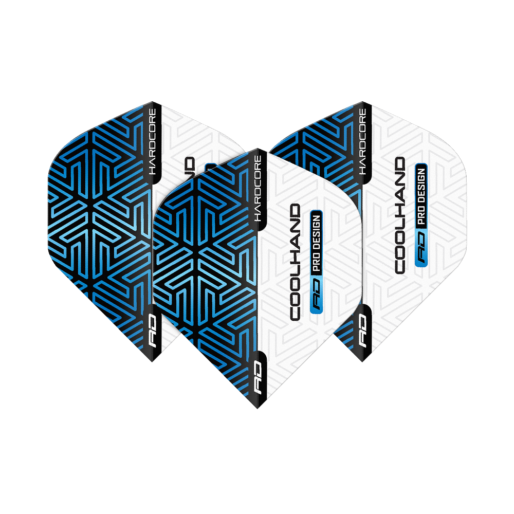 Vuelos estándar premium azul y blanco de Red Dragon Hardcore Luke Humphries Das Bild zeigt vier Dart-Flights in Blau und Weiß mit geometrischem Muster. Auf den Flights stehen die Wörter "HARDCORE", "COOLHAND" und "RD PRO DESIGN".