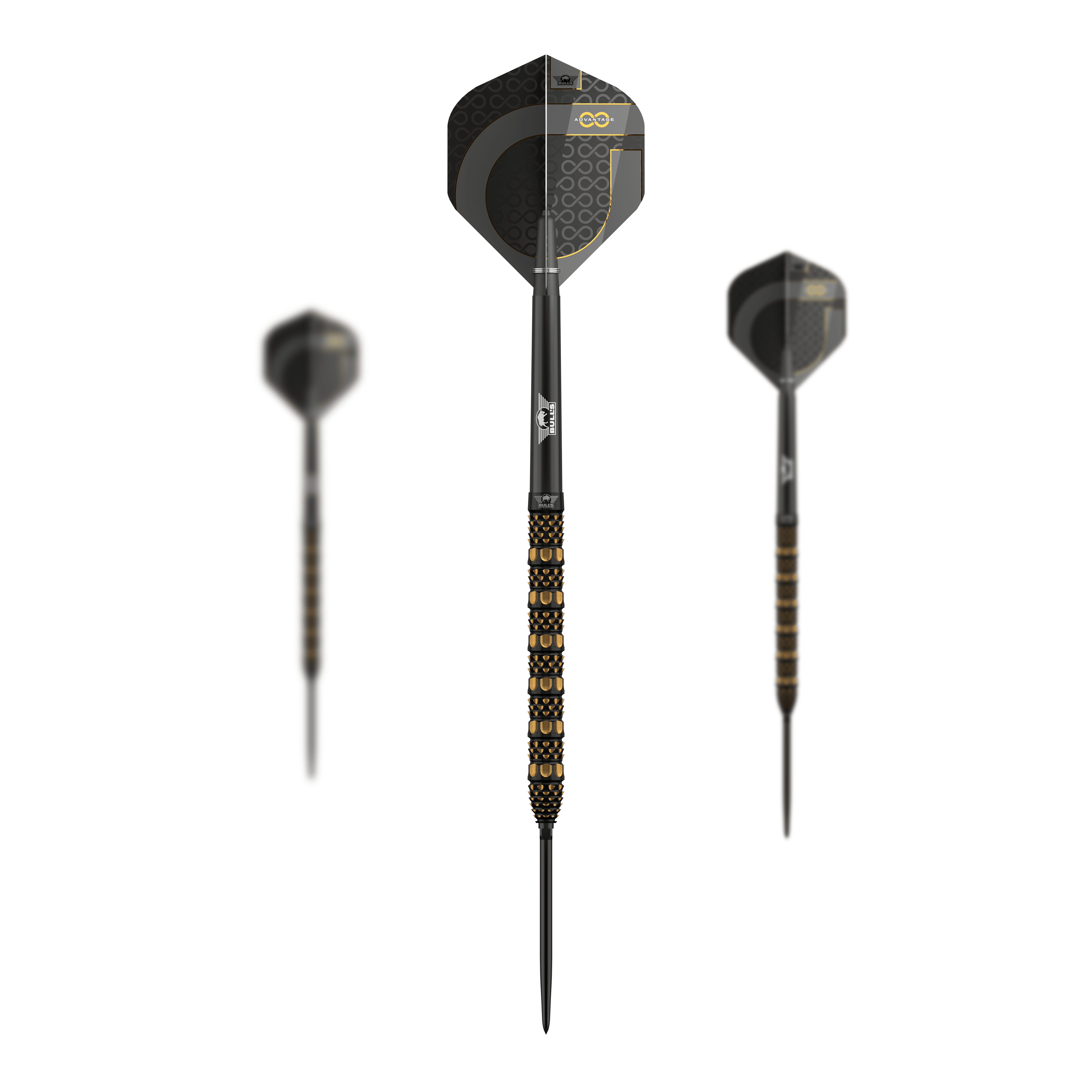 Dardos de acero con punta convertible Bulls NL Advantage 95 Abgebildet ist ein Set Bulls NL Advantage 95 Rail Convertible Point Steeldarts. Es werden mehrere Darts präsentiert.