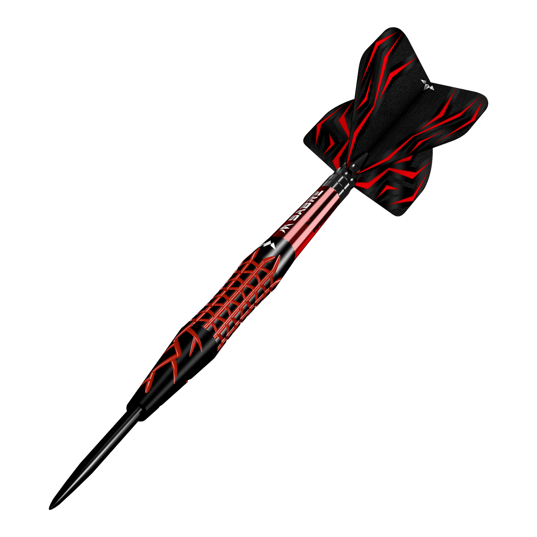 Misión Lava Steeldarts Das Bild zeigt einen Mission Lava Steeldart mit schwarzem und rotem Design. Der Dartpfeil hat eine spitze Metallspitze und auffällige Flügel mit roten Mustern.