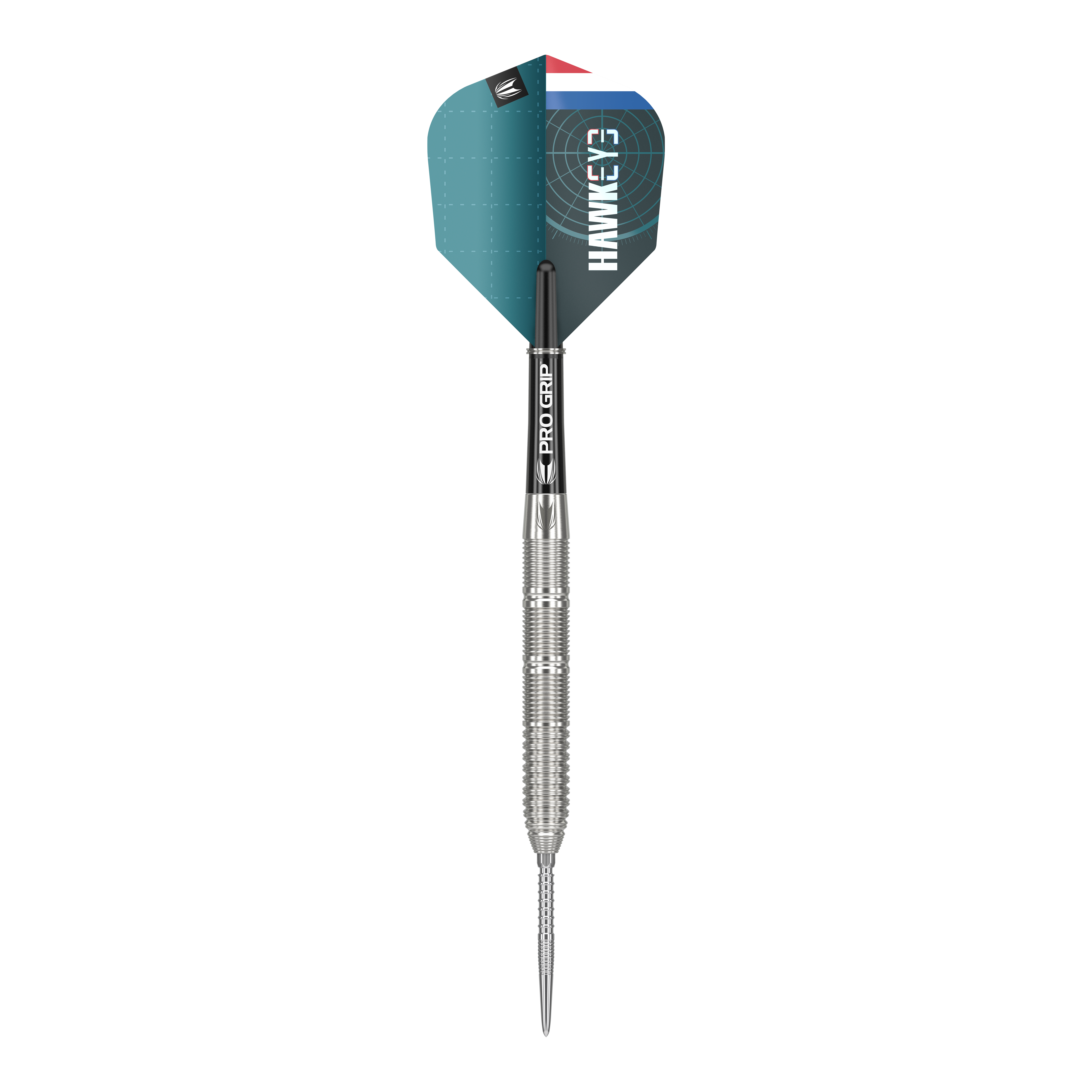 Diana Kevin Doets GEN1 Dardos de acero con punta suiza - 23 g Das Bild zeigt einen Target Kevin Doets GEN1 Swiss Point Steeldart mit einem Gewicht von 23 Gramm. Der Dart hat einen silbernen, geriffelten Barrel und eine blau-schwarze Flight mit der Aufschrift "HAWKEYE".
