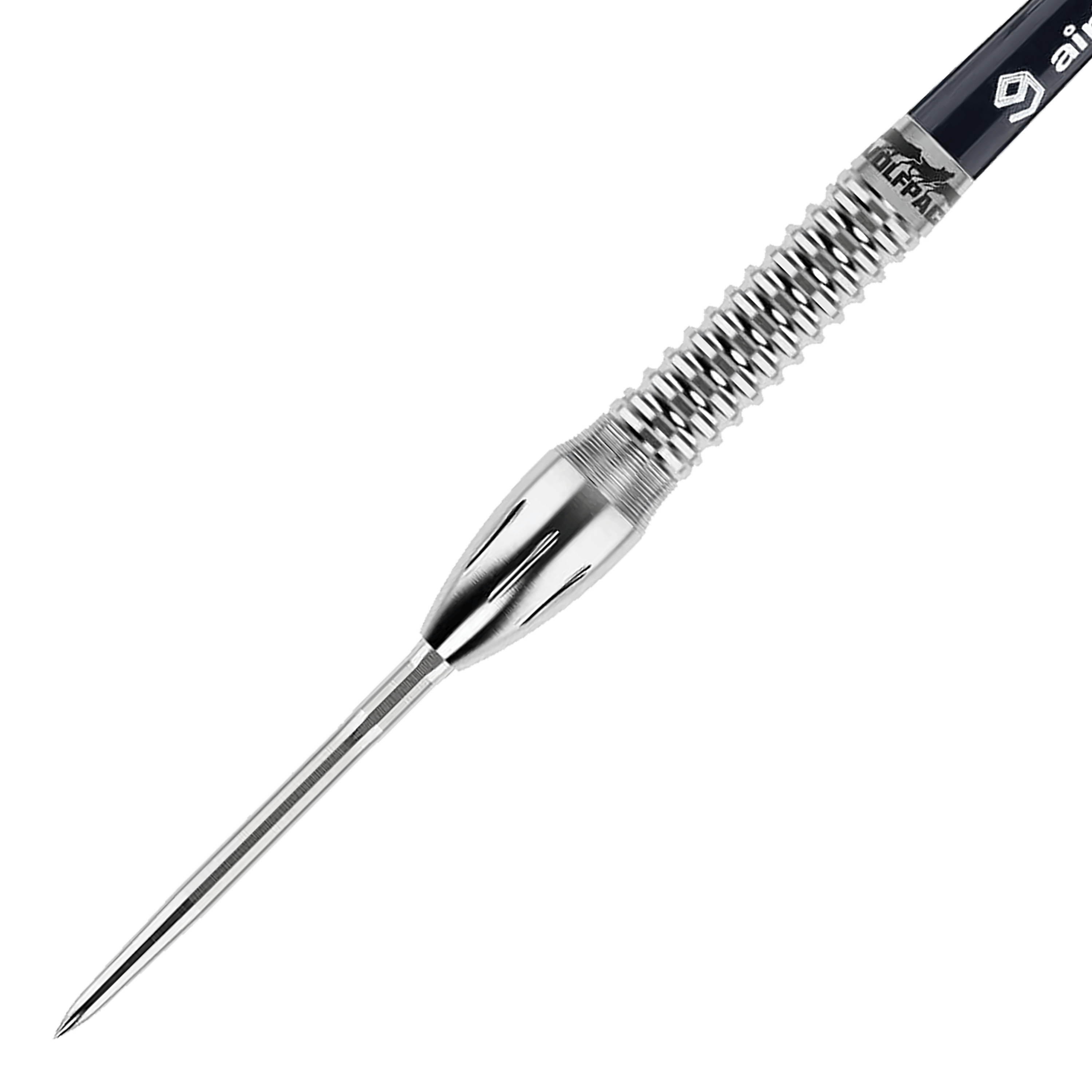 Dardos de acero Caliburn Wolfpack W4 - 20 g Das Bild zeigt einen Caliburn Wolfpack W4 Steeldart mit einem Gewicht von 20g. Der Dartpfeil besteht aus silberfarbenem Metall und hat eine strukturierte Griffzone.