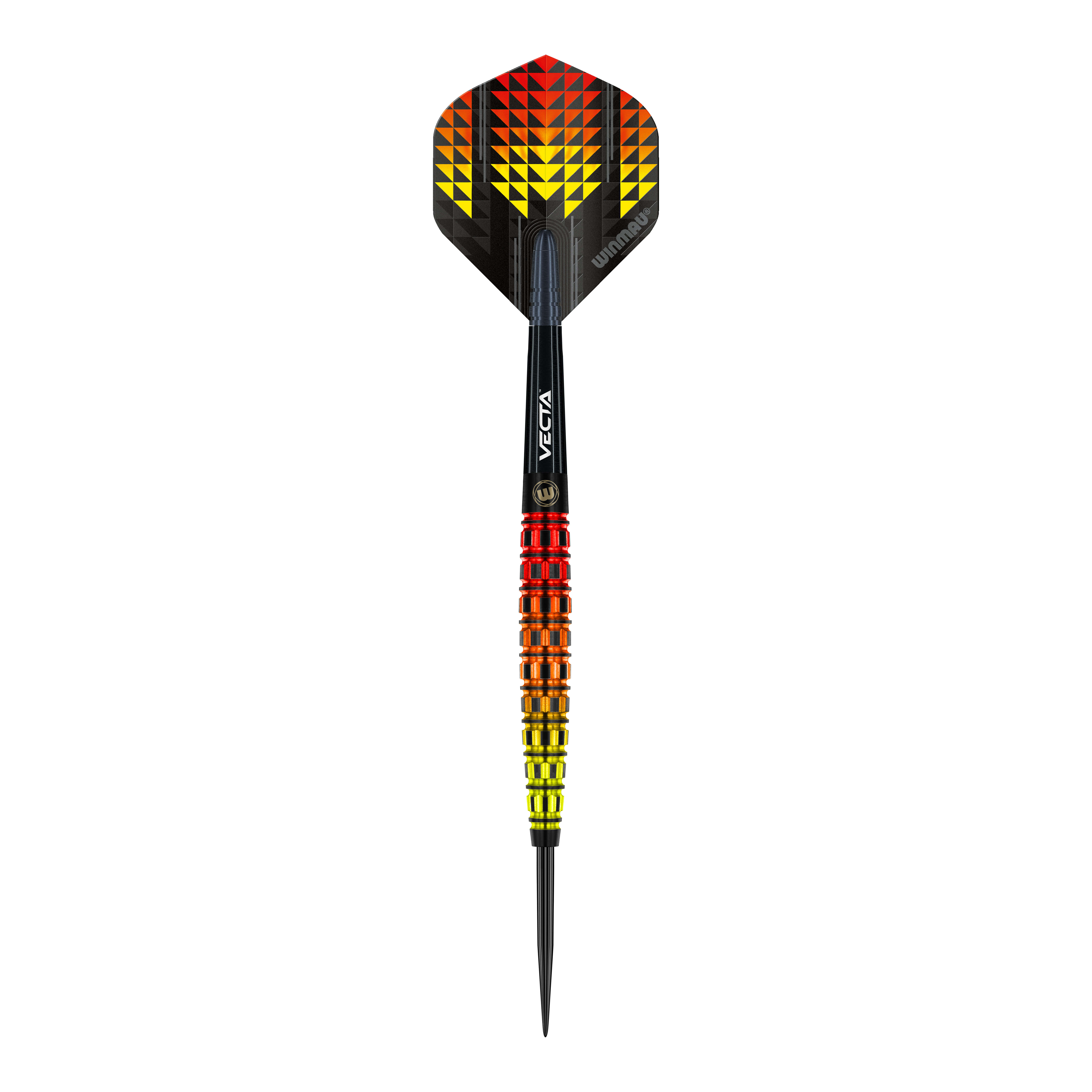 Dardos de acero cónicos Winmau Firestorm Flame Der Winmau Firestorm Flame Tapered Steeldart hat ein auffälliges Design mit gelben, orangefarbenen und roten Farbverläufen. Die Flights zeigen ein geometrisches Muster in denselben Farben und geben dem Dart ein flammendes Aussehen.