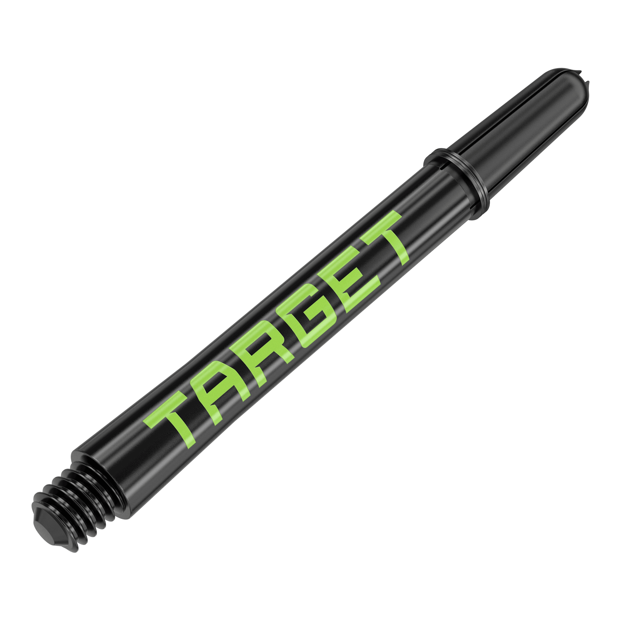 Varillas Target Pro Grip TAG - 3 juegos - Negro Verde Zwei Dart-Schäfte in harmonischer Anordnung werden präsentiert. Die Linie und das Profil der Produkte sind markant.