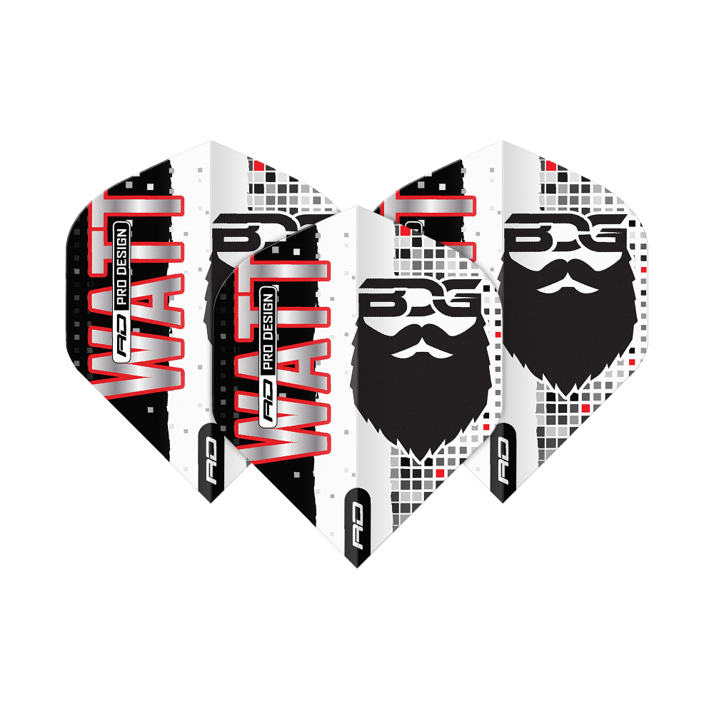 Red Dragon Hardcore Jason Watt BDG Premium No2 Vuelos Estándar Das Bild zeigt vier Dartflights mit dem Aufdruck "WATT" und einem stilisierten Bartgesicht. Die Flights sind in Schwarz, Weiß und Rot gestaltet und tragen das Logo „BDG Pro Design“.