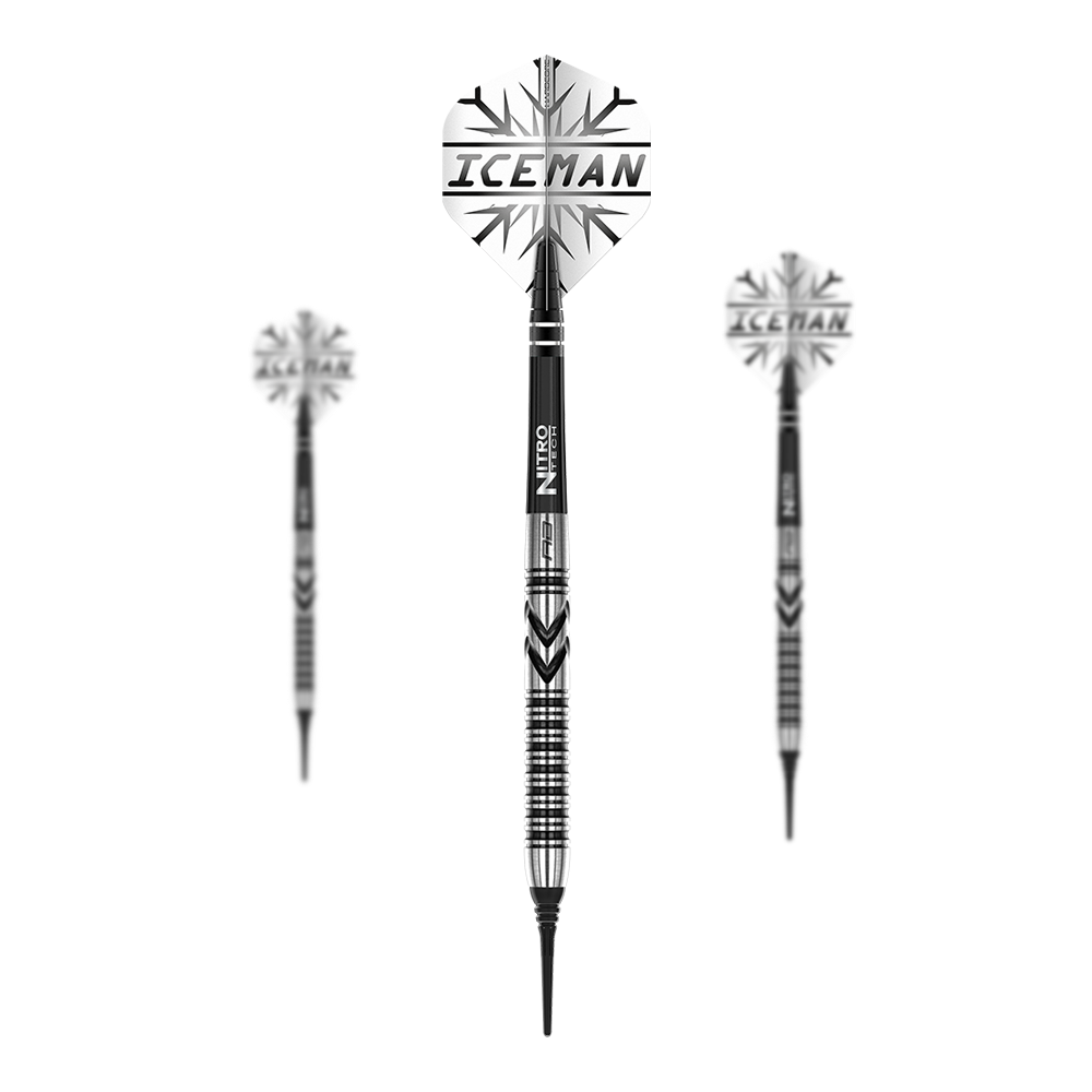 Dardos blandos Red Dragon Gerwyn Price Thunderbolt - 20 g Das Bild zeigt drei Softdarts des Modells "Red Dragon Gerwyn Price Thunderbolt - 20g". Auf den Flights steht "ICEMAN" und die Darts haben ein schwarz-silbernes Design.