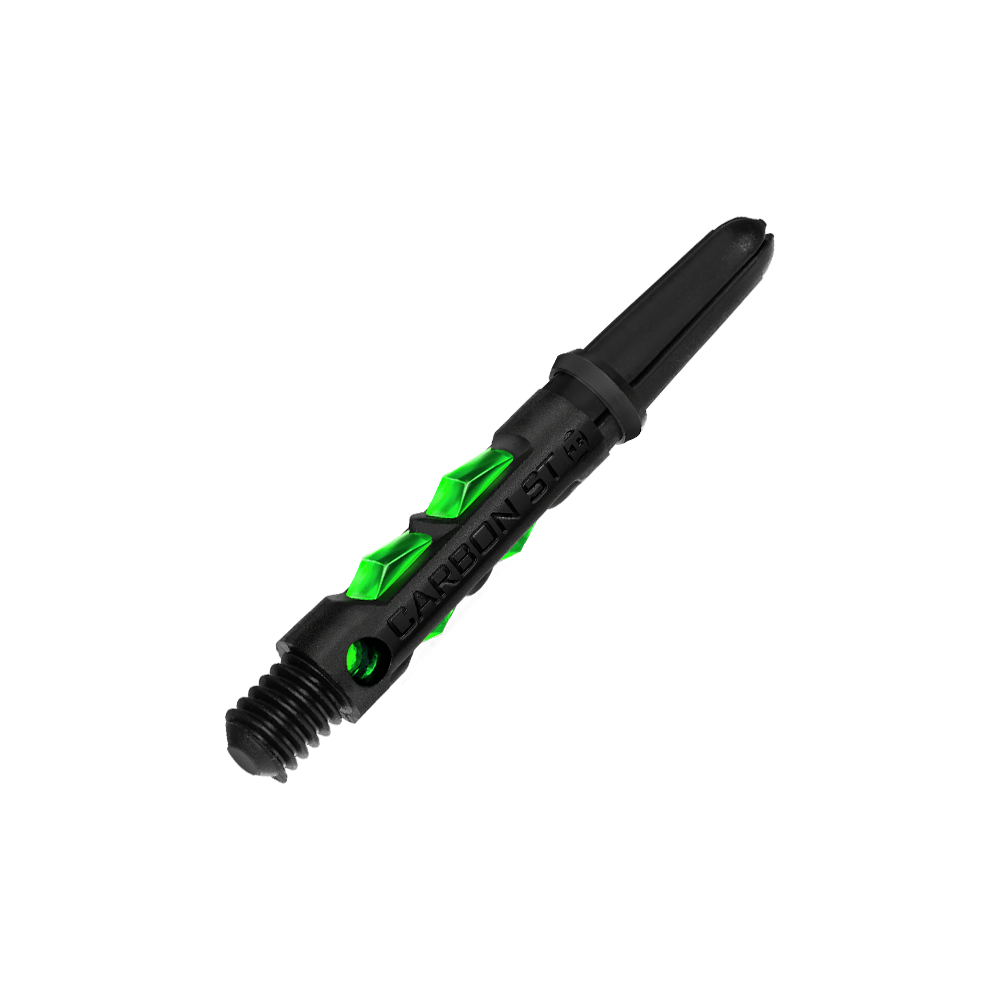 HR422_Harrows_Carbon_ST_Shafts_Gr-n_33mm_2 Das Bild zeigt einen Harrows Carbon ST Shaft in der Farbe Grün. Der Schaft besteht aus schwarzem Material mit auffälligen grünen Akzenten.