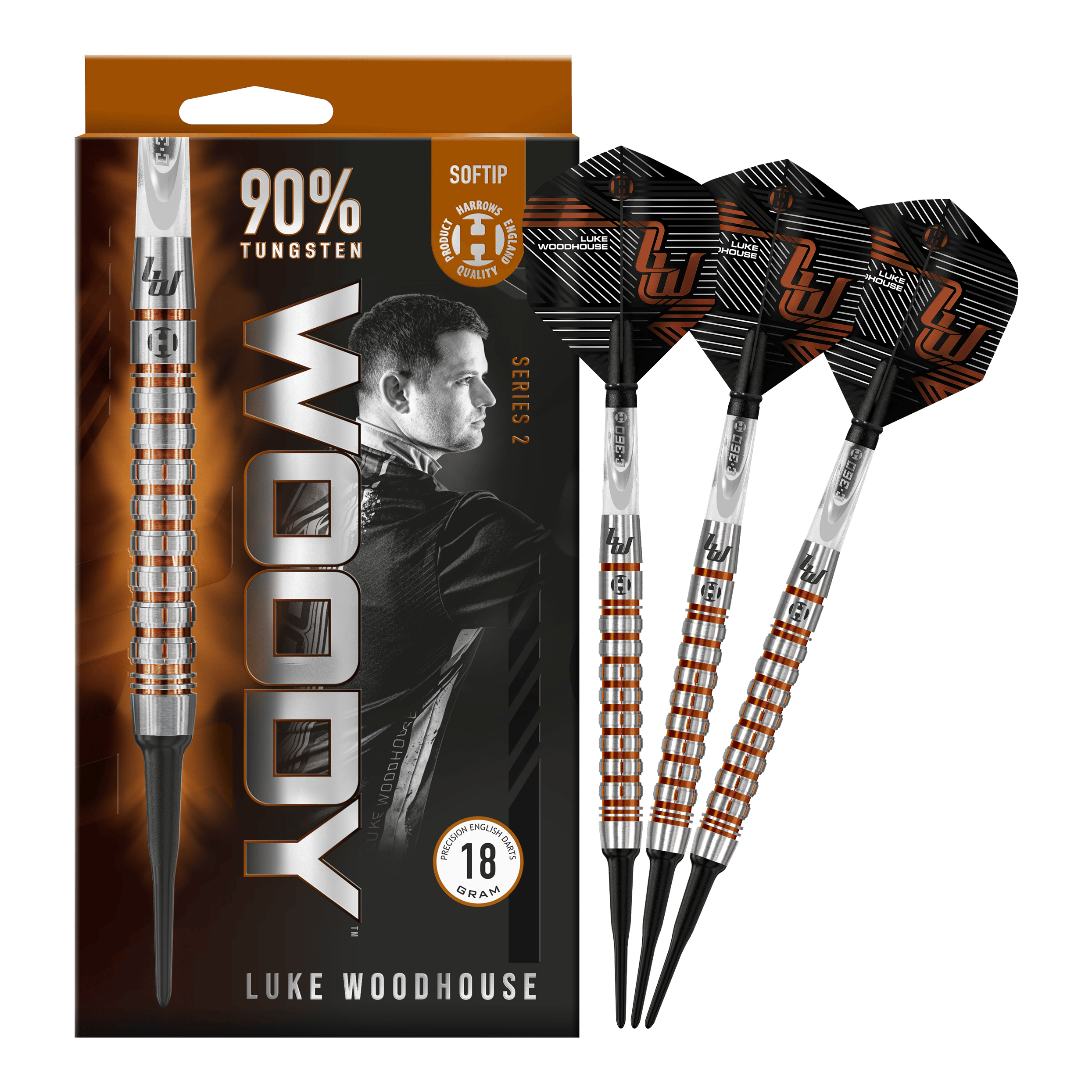 Dardos suaves Harrow's Luke Woodhouse Serie 2 - 18 g Das Bild zeigt die Harrows Luke Woodhouse Series 2 Softdarts mit einem Gewicht von 18 Gramm. Die Verpackung hebt hervor, dass die Darts zu 90 % aus Tungsten bestehen und für Softtip-Spiele geeignet sind.