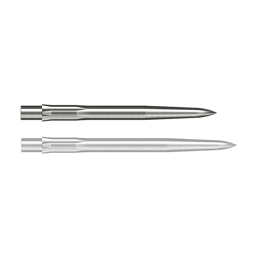 Puntas de dardos Caliburn System de acero - Lisas - Plateadas Auf dem Bild sind zwei silberne, glatte Stahlspitzen für Darts zu sehen. Sie sind länglich geformt und haben eine spitze Vorderseite.