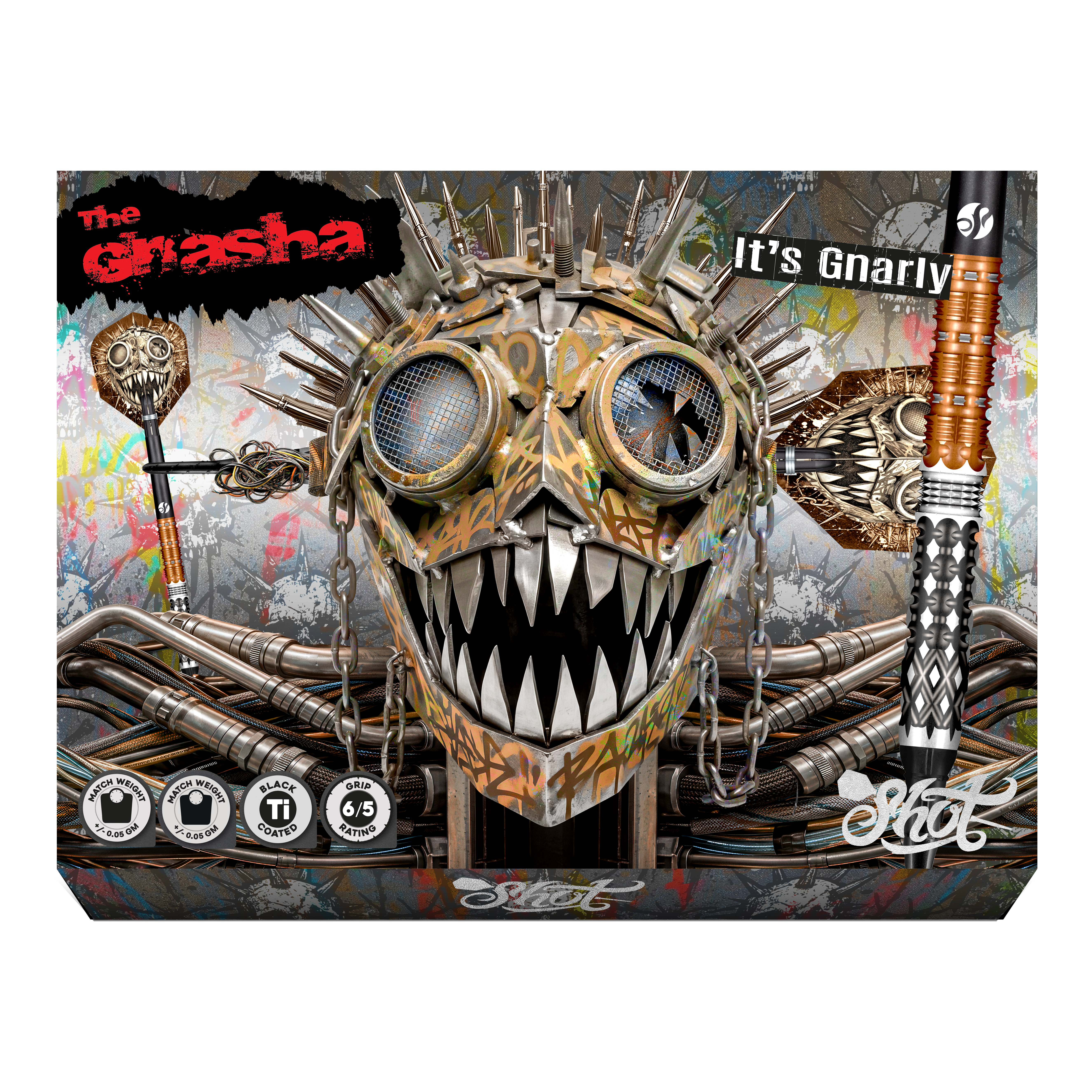 Dardos blandos Shot Gnarly Gnasha - 20 g Auf dem Bild befinden sich die Shot Gnarly Gnasha Softdarts - 20g. Die Darts sind für das Spielen mit elektronischen Dartboards geeignet.