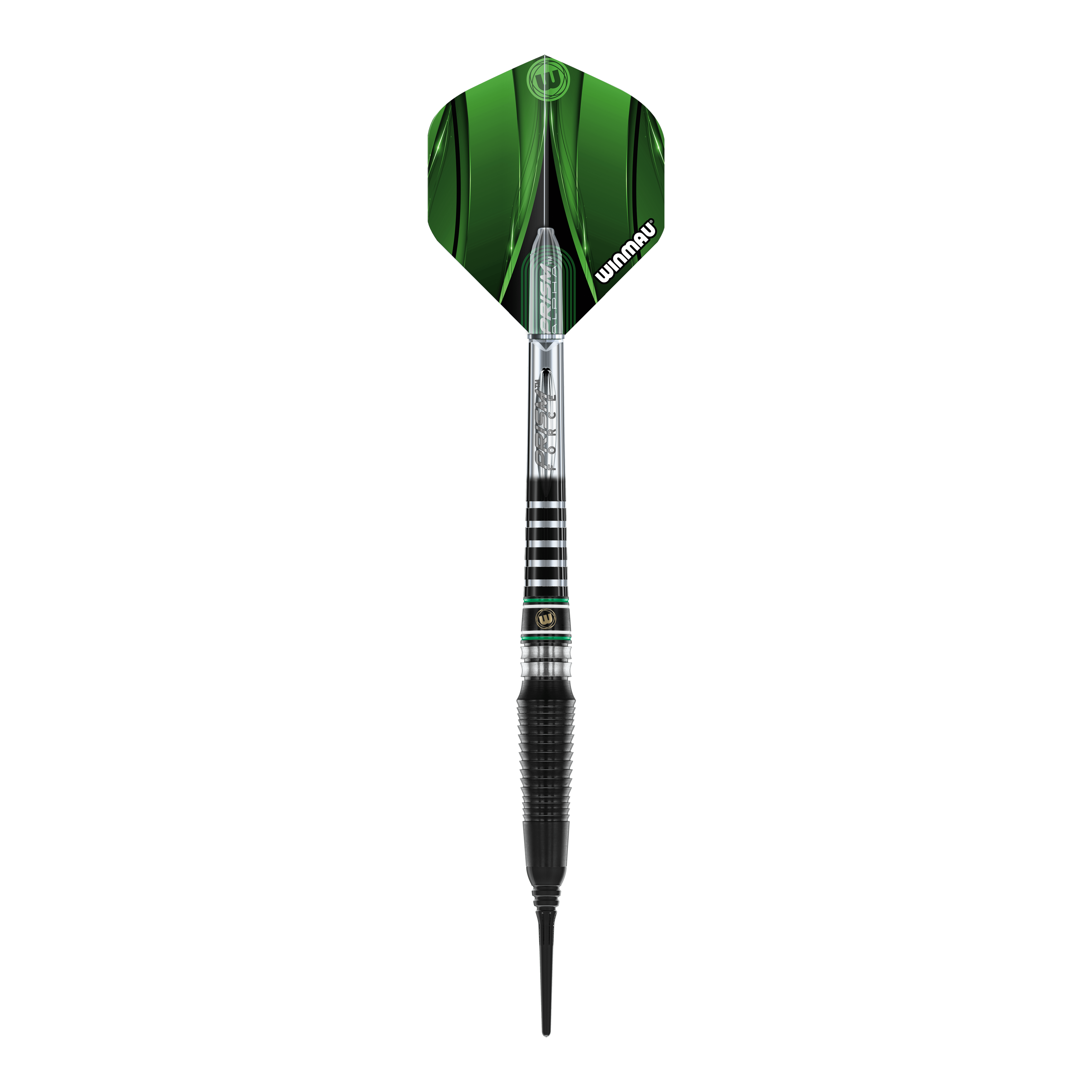 Dardos blandos Winmau Sniper Black 2025 - 20 g Das Bild zeigt einen Winmau Sniper Black 2025 Softdart mit einem Gewicht von 20g. Der Dart hat schwarze und silberne Elemente sowie rote und grüne Akzente am Schaft.