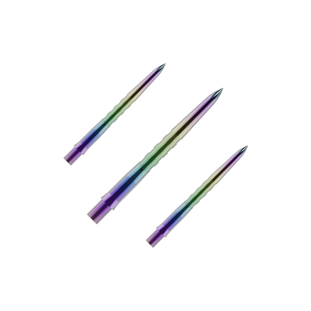 Puntas de dardos Mission Caliburn EVO - Ranuradas - Coral Auf dem Bild sind drei bunte, gerillte Dartspitzen zu sehen. Sie haben eine glänzende Oberfläche mit violetten, grünen und blauen Farbverläufen.
