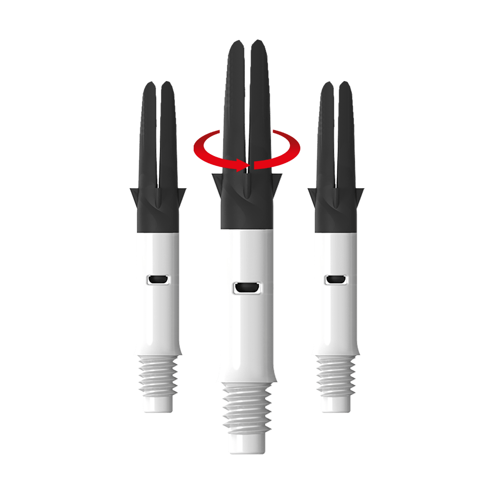 Flecha recta silenciosa de carbono estilo L - Blanca Das Bild zeigt drei weiße und schwarze Dartshafts nebeneinander. Über dem mittleren Shaft ist ein roter Pfeil, der eine Drehbewegung anzeigt.