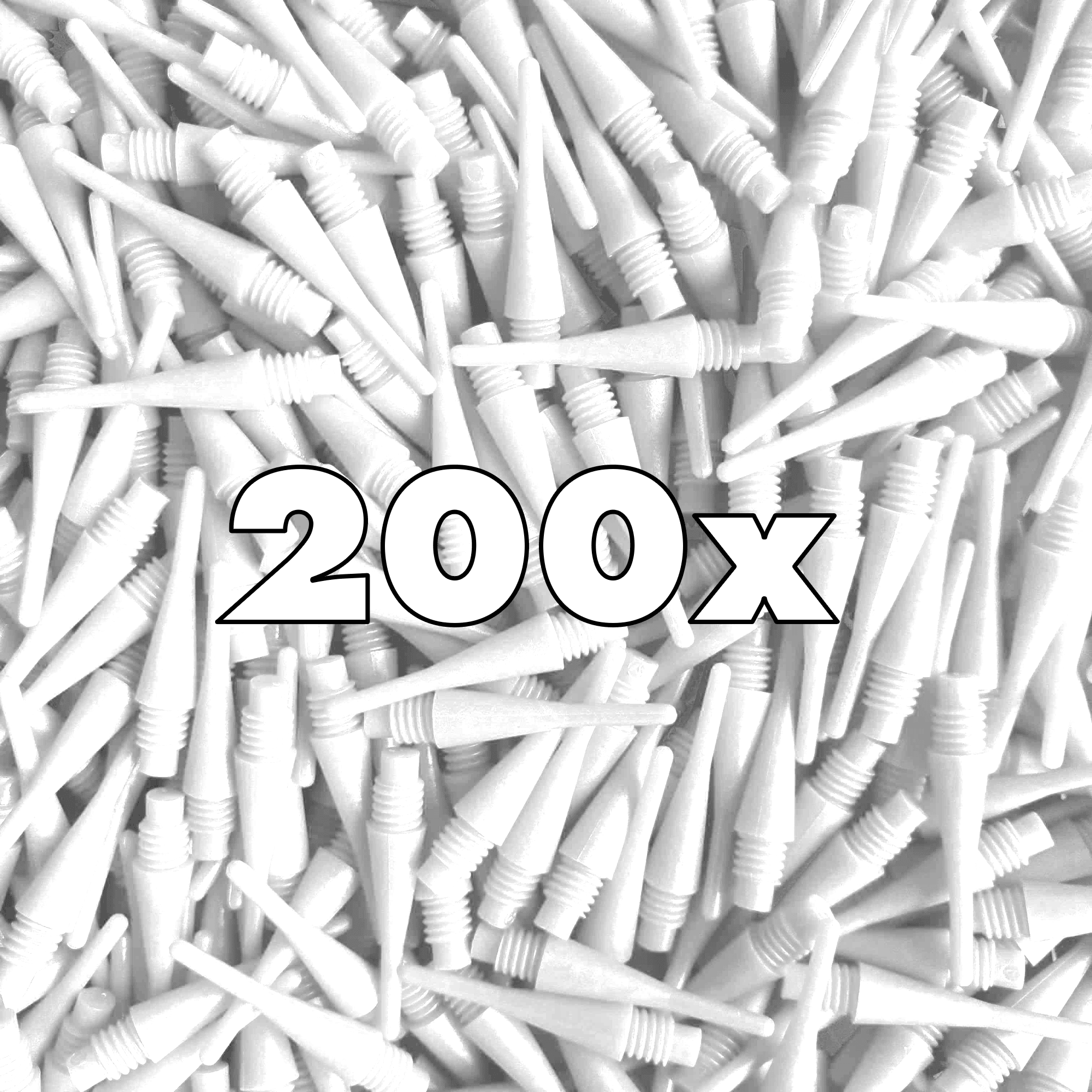 Shorties (200er Pack) - Spitzen Das Bild zeigt viele weiße Softdartspitzen. In der Mitte steht groß die Anzahl "200x".
