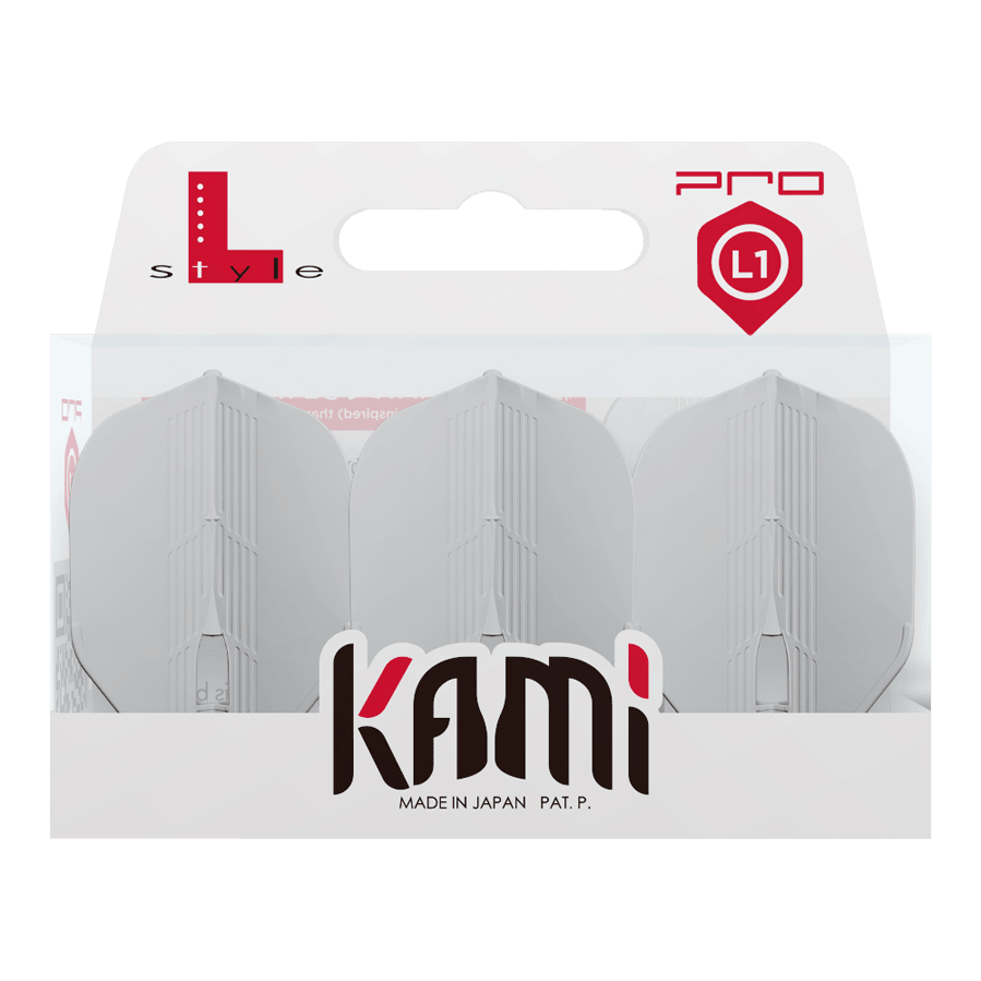 L-Style KAMI L1PRO Flights Das Bild zeigt eine Verpackung mit drei weißen Dartflights der Marke Kami. Auf der Verpackung stehen "L-Style", "PRO" und "Made in Japan".