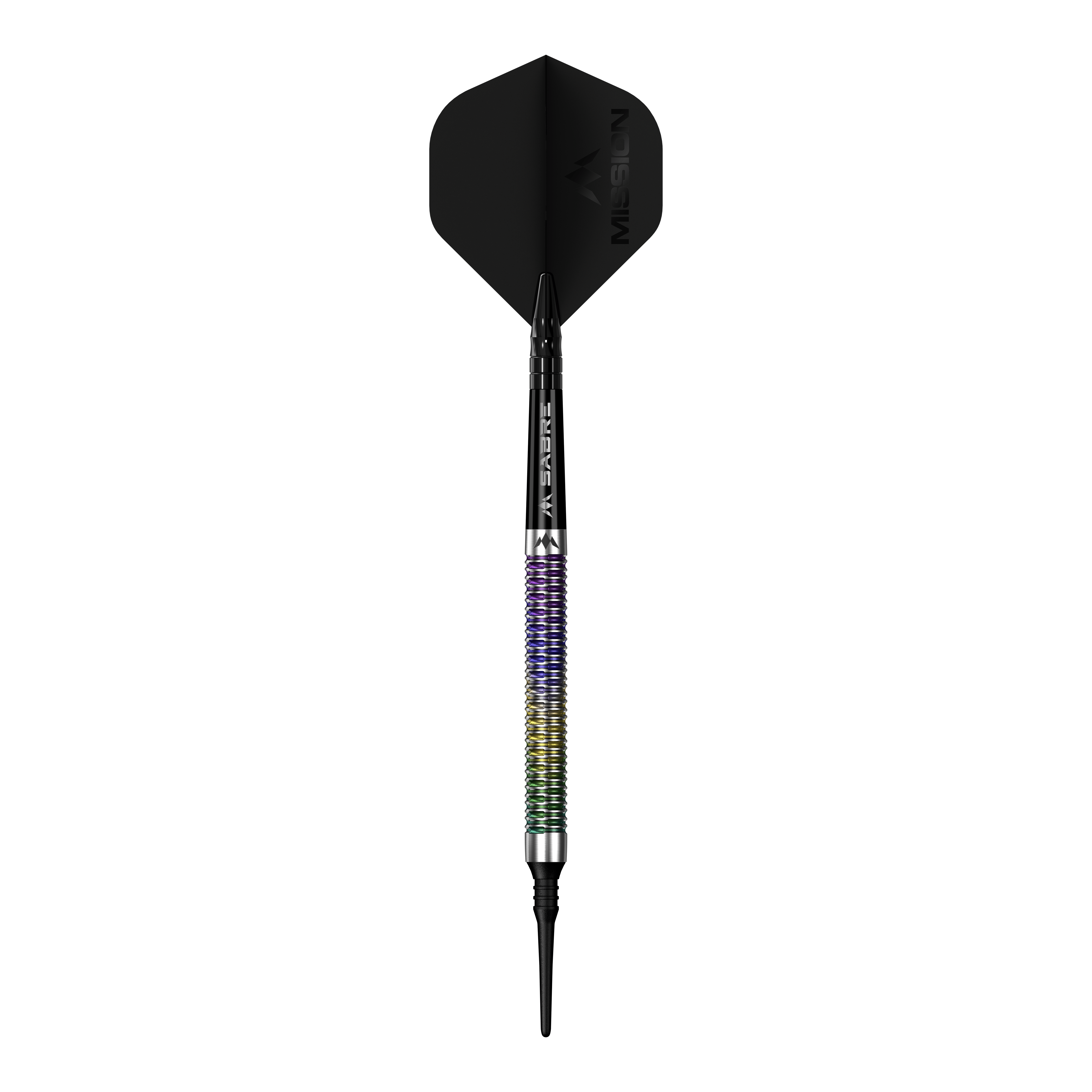 Das Bild zeigt den Mission Kaleidos Softdarts - 19g. Der Softdart ist seitlich dargestellt.