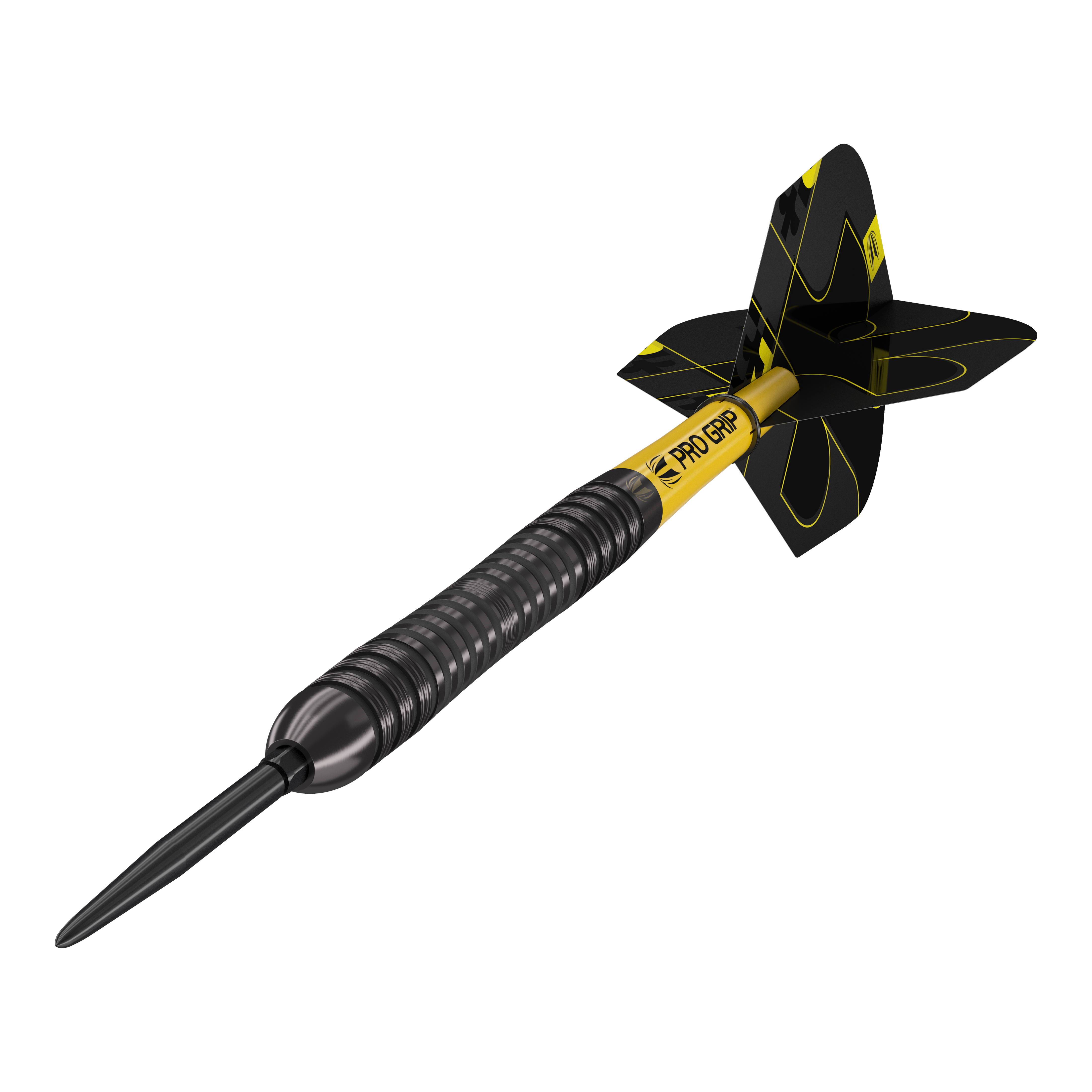 Dardos de acero Target Bolide Void 04 Swiss Point Das Bild zeigt einen Target Bolide Void 04 Swiss Point Steeldart. Der Dart ist schwarz-gelb und hat eine strukturierte Griffzone sowie schwarze Flights mit gelben Linien.