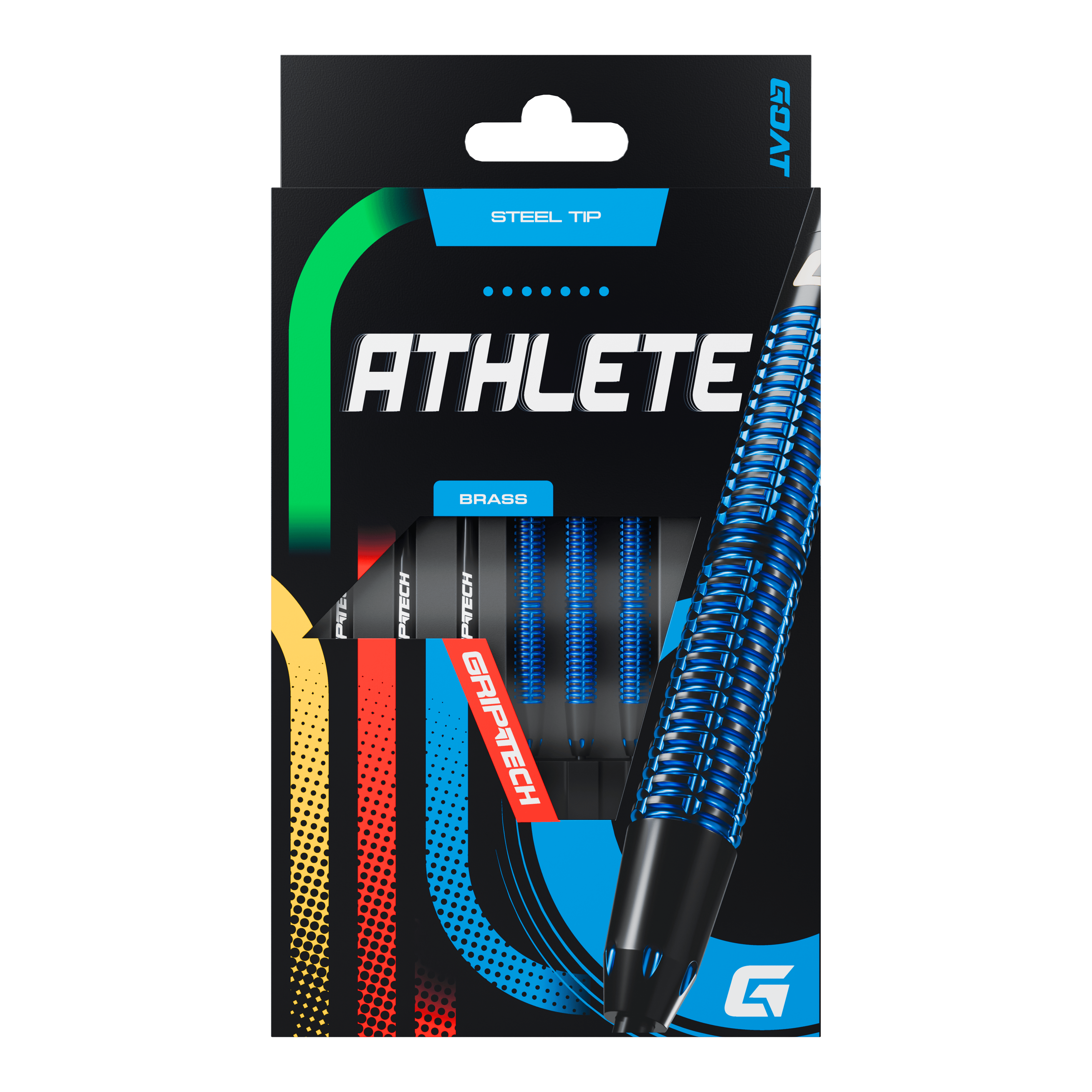 Dardos GOAT Athlete de latón azul - 12 g Die Abbildung zeigt die Verpackung der GOAT Athlete Blue Brass Steeldarts mit einem Gewicht von 12g. Auf der Verpackung sind blaue, strukturierte Darts sowie die Aufschrift "ATHLETE" und "GRIPTECH" zu sehen.