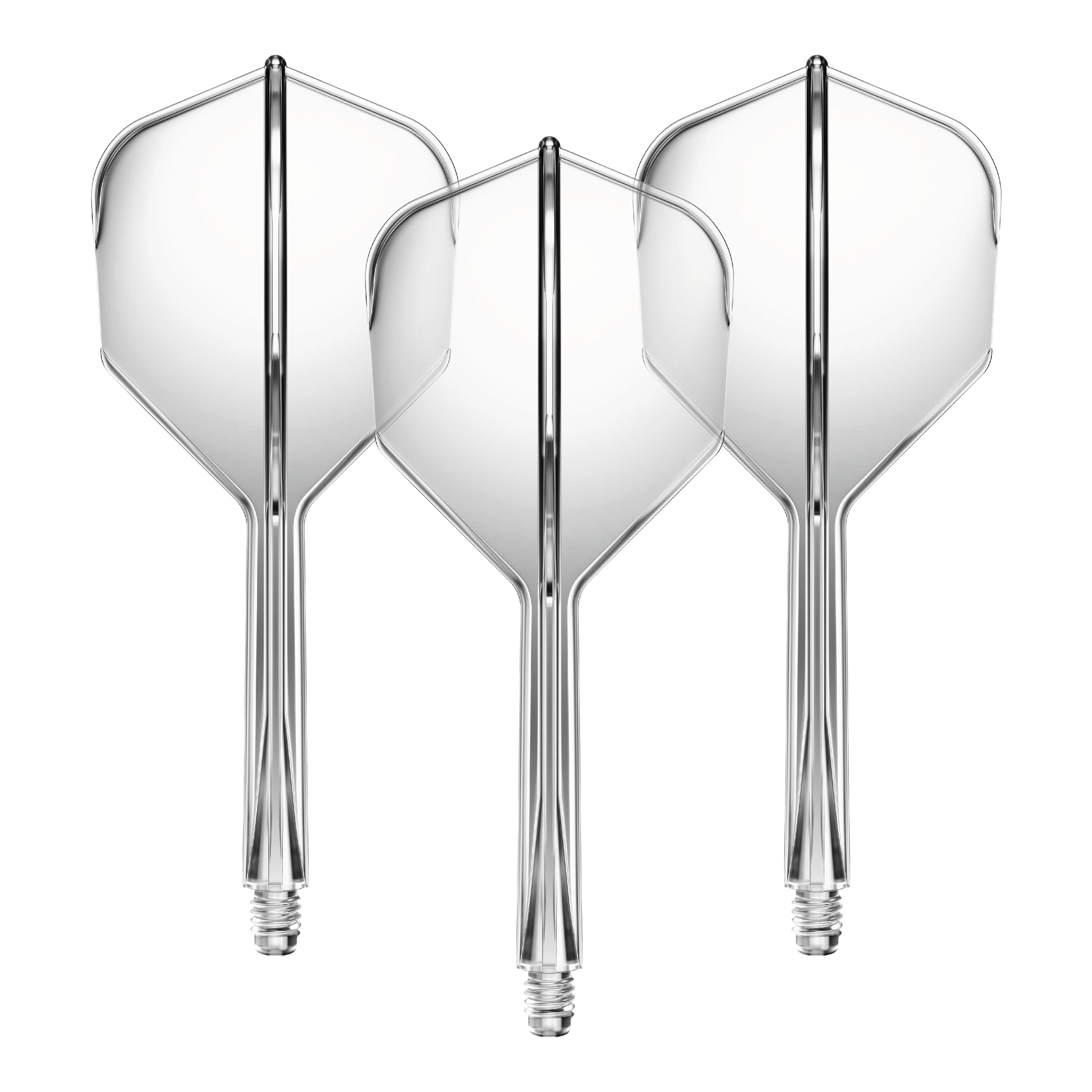 Sistema de eje de vuelo GOAT A1R No6 - Transparente Auf dem Bild sind drei transparente Dartflights mit integriertem Schaft zu sehen. Sie sind nebeneinander angeordnet und haben eine klare, mittelgroße Form.