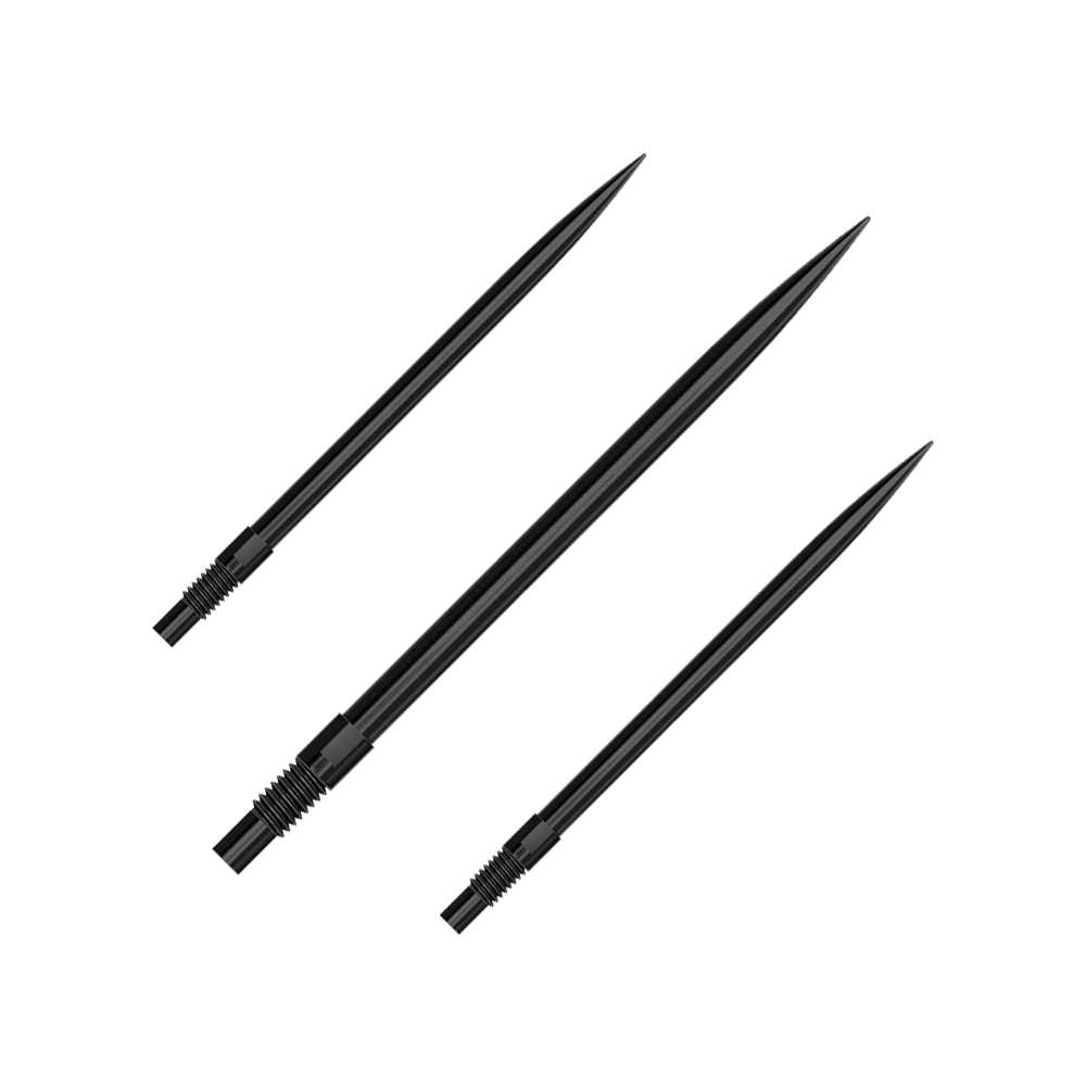 Puntas de dardos Harrows Quick Point - Negras Ein Set aus schwarzen QuickPoint Dartspitzen mit 40 mm Länge. Die Dartspitzen liegen auf einer neutralen Oberfläche.