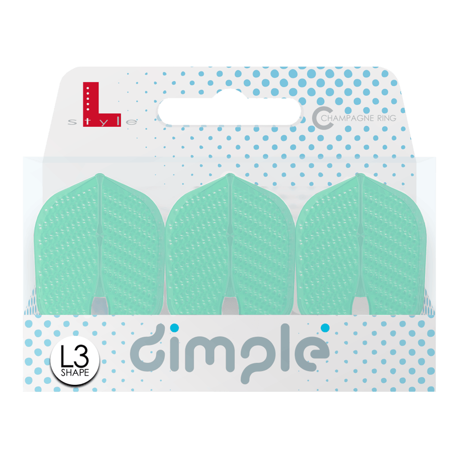 L-Style Flights Dimple Champagne L3PRO Shape Auf dem Bild ist eine Verpackung mit drei mintgrünen Darts-Flights der Marke "L-Style" zu sehen. Das Modell heißt "Dimple Champagne L3PRO Shape" und ist vorne mit blauen Punkten verziert.