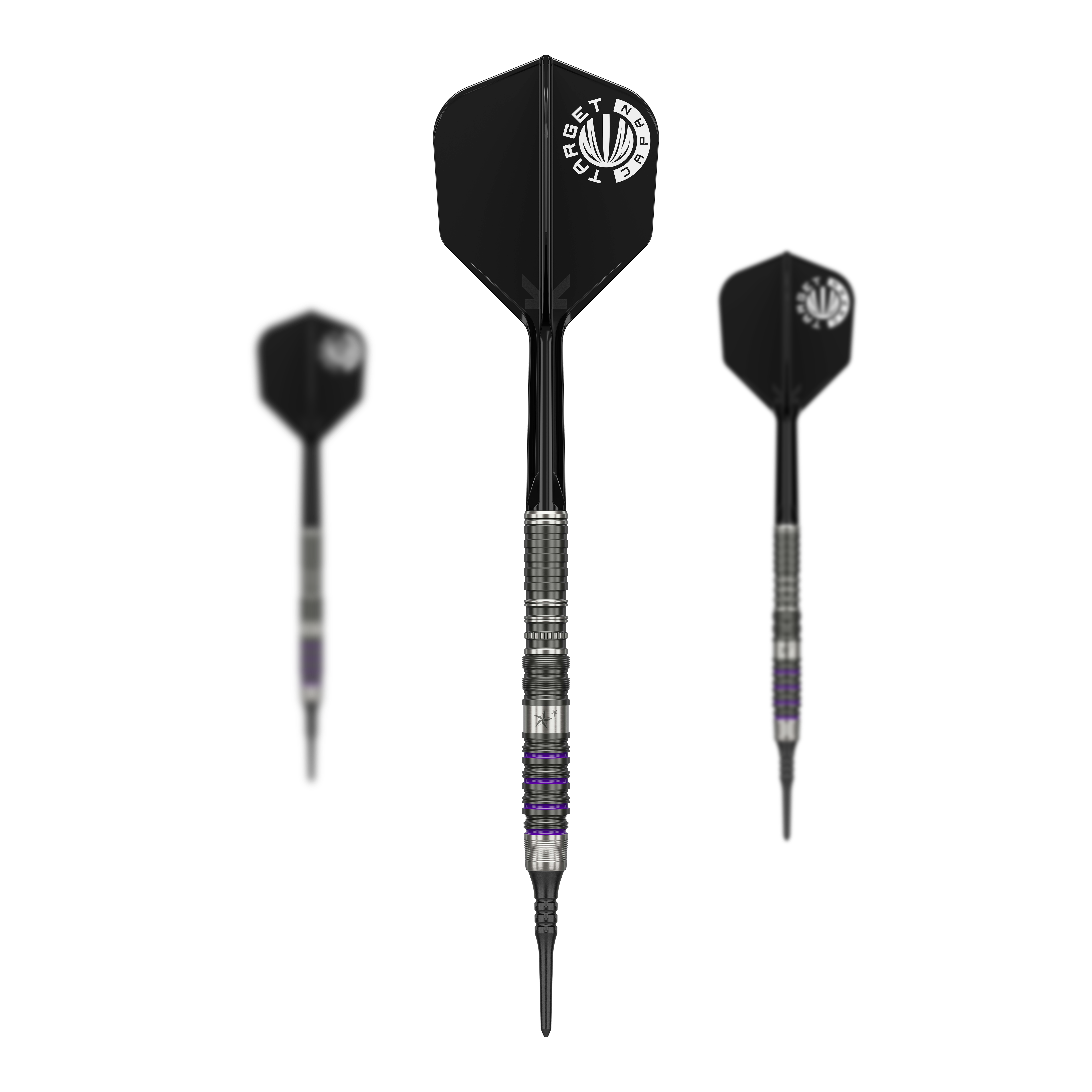 Dardos blandos Target Japan Prime Series Yuta Hayashi Sirius GEN3 MAX - 21,5 g Das Bild zeigt drei Softdarts aus der Serie "Target Japan Prime Series Yuta Hayashi Sirius GEN3 MAX" mit einem Gewicht von 21,5g. Die Darts haben schwarze Flights mit weißem Aufdruck und einen silbernen, detailliert gearbeiteten Barrel.