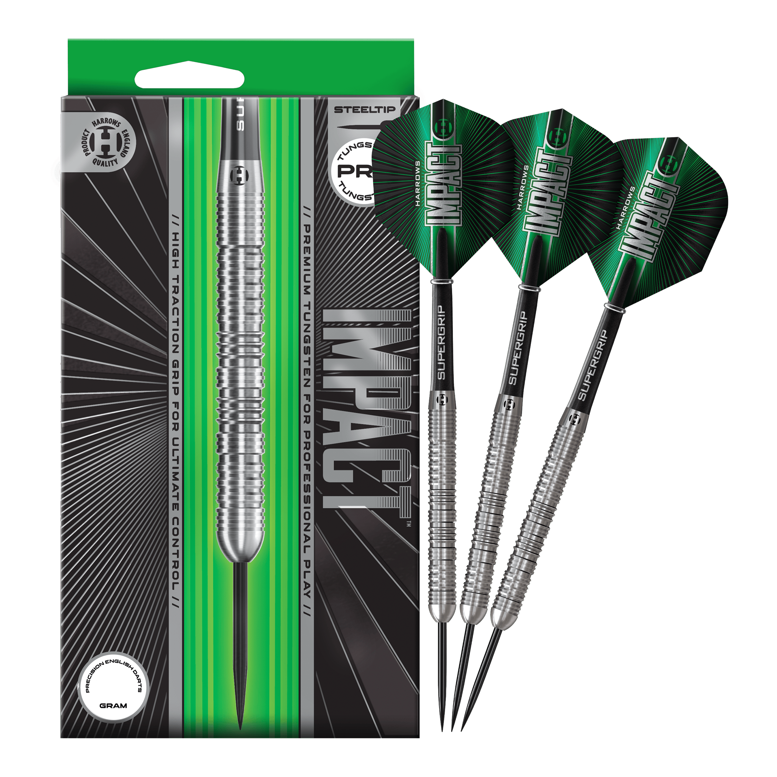 Dardos de acero de impacto Harrows Das Foto zeigt die vollständigen Harrows Impact Steeldarts. Die Darts sind fertig zusammengestellt für den Gebrauch.