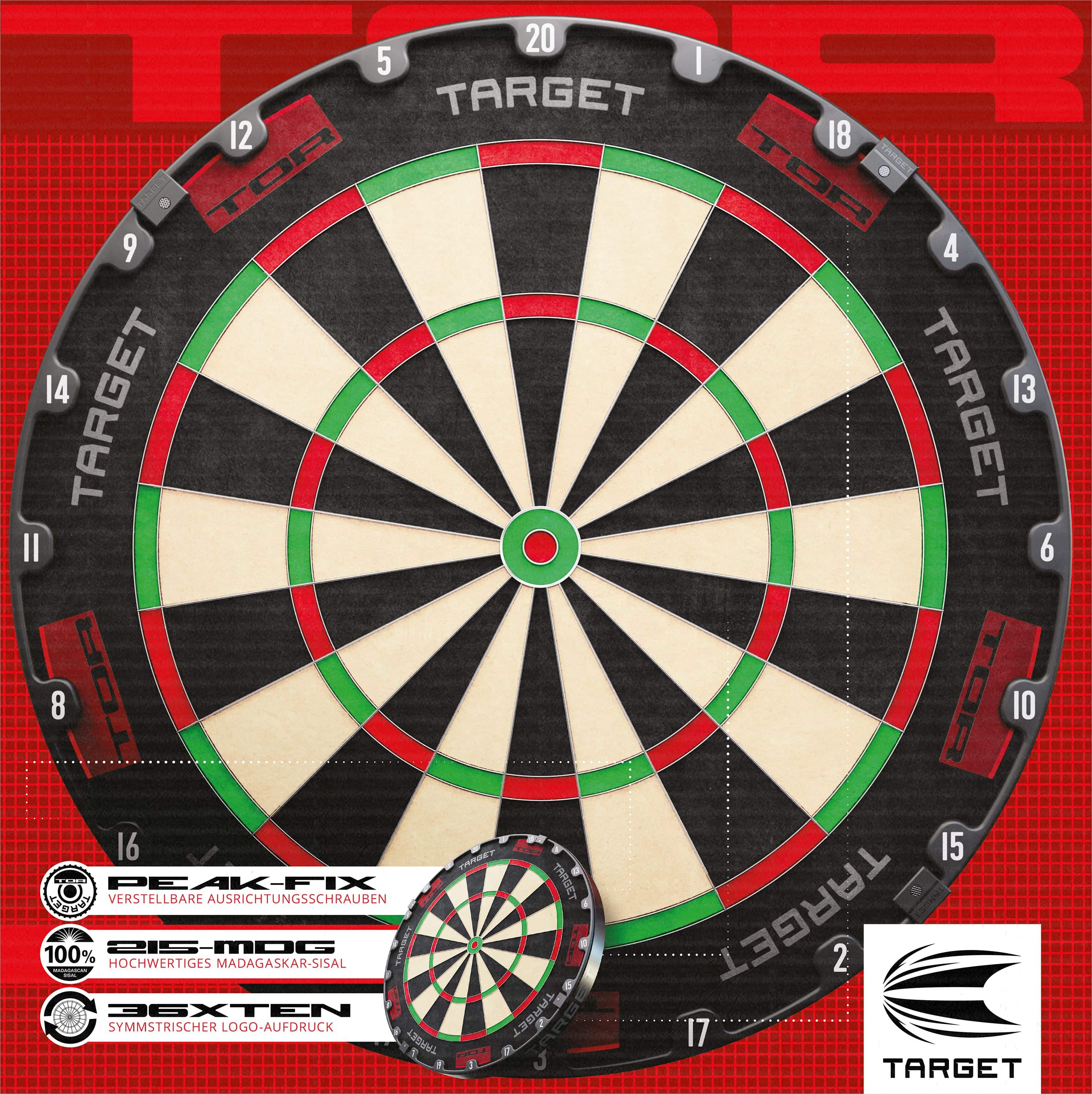 Diana de acero Target TOR Target TOR Steeldartboard ist als klassisches Dartboard zu sehen. Die Zahlen und Segmente sind klar sichtbar.