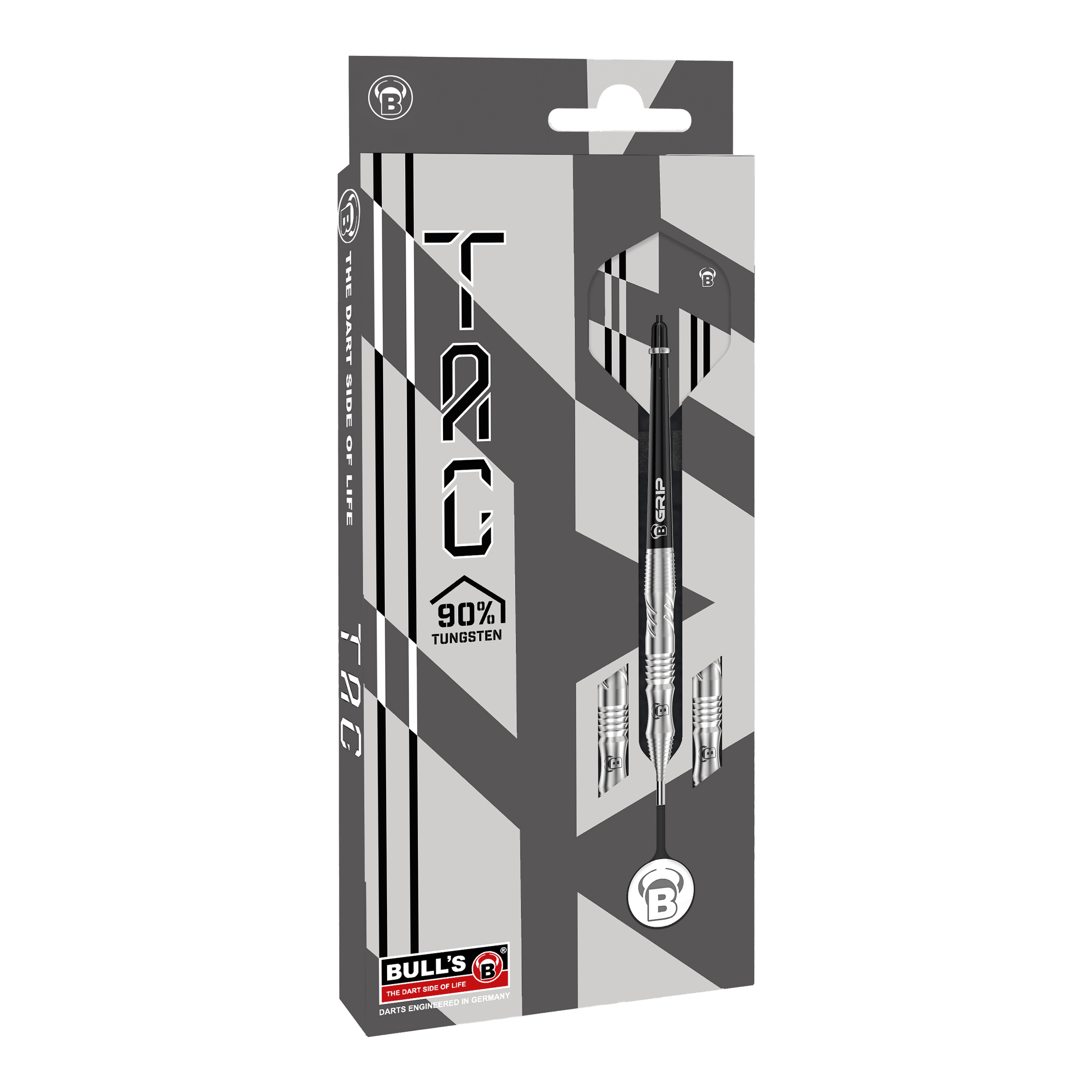 Dardos de acero Bulls Tac T1 Die Abbildung zeigt die Verpackung der "Bulls Tac T1 Steeldarts". Auf der Vorderseite ist zu sehen, dass die Darts zu 90% aus Tungsten bestehen.