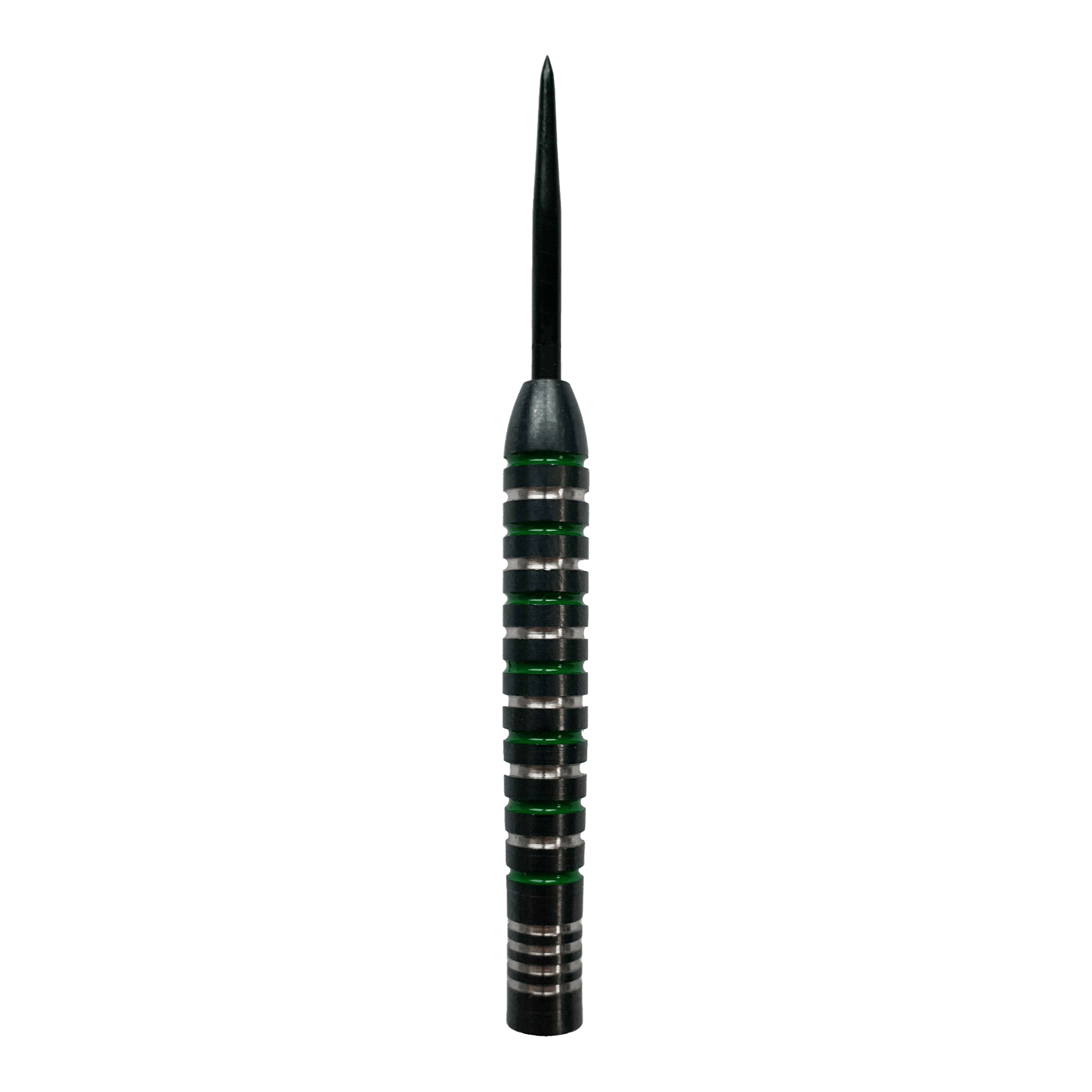 Barriles de dardos de acero McDart Silver Green Das Bild zeigt ein McDart Silver Green Steeldart Barrel. Der Dartpfeil hat silberne Ringe mit grünen Akzenten entlang des Griffbereichs.