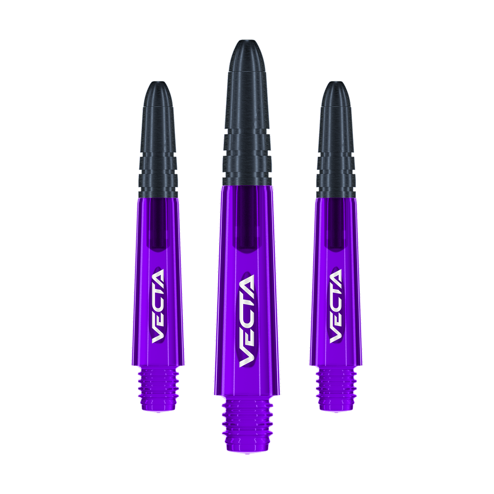 Flechas Winmau Vecta - Morado Negro Auf dem Bild sind drei lilafarbene und schwarze Dartschäfte der Marke Vecta zu sehen. Die Schäfte sind 34 mm lang und werden als Set geliefert.