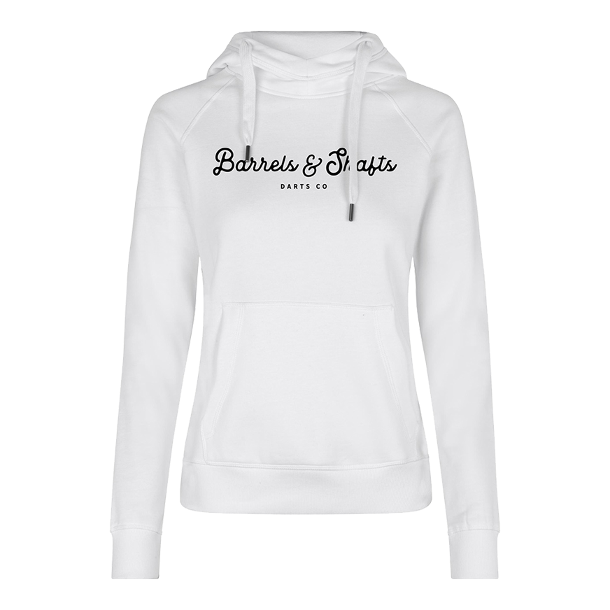 Sudadera con capucha Barrels and Shafts - Mujer - Blanco Dies ist ein weißer Damen-Hoodie mit Kapuze und Kängurutasche. Auf der Vorderseite steht der Text "Barrels & Shafts Darts Co".