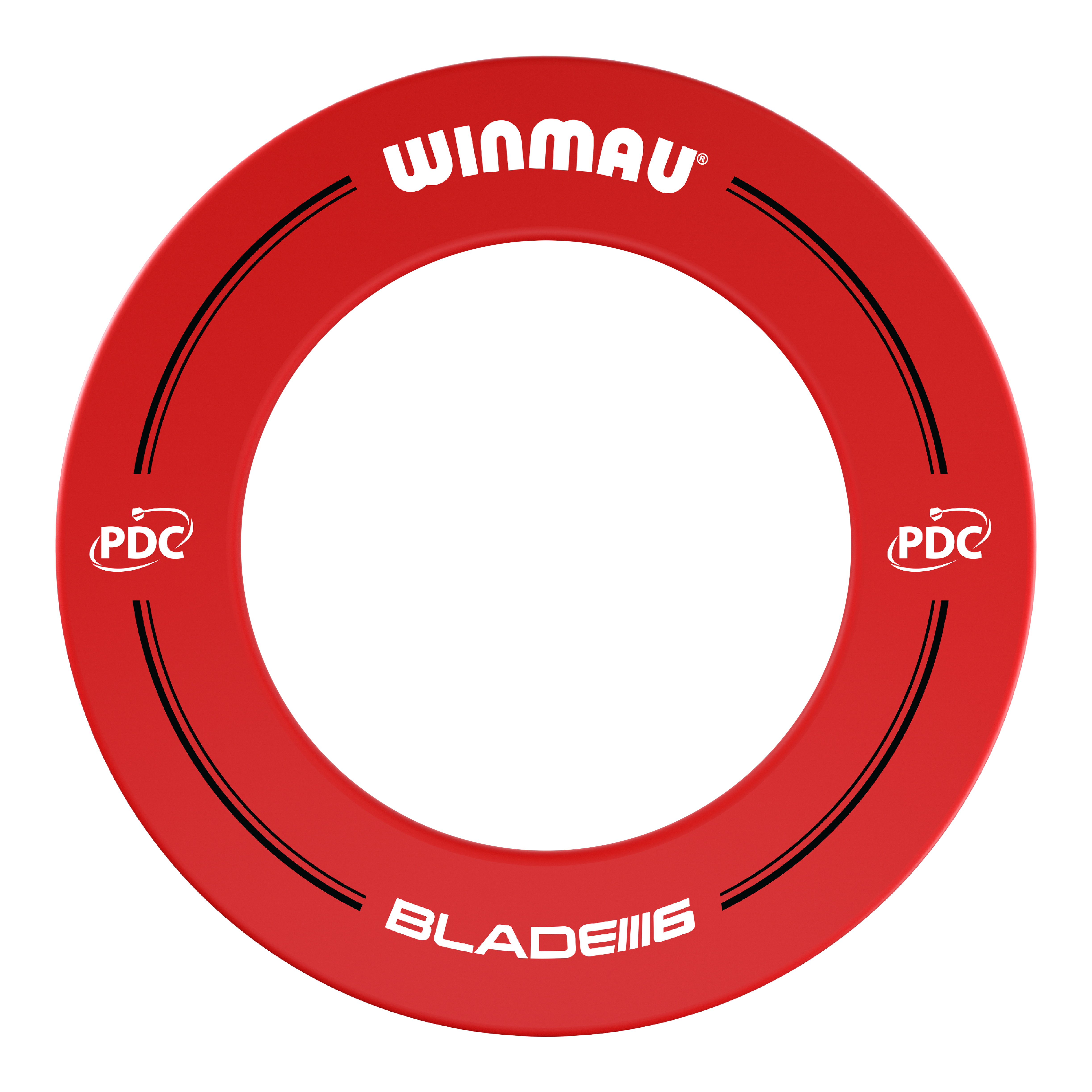 Marco para diana Winmau PDC - Rojo Das Bild zeigt einen roten Dartboard-Surround der Marke Winmau mit der Aufschrift "BLADE 6". Auf dem Ring sind außerdem PDC-Logos und schwarze Designelemente zu sehen.