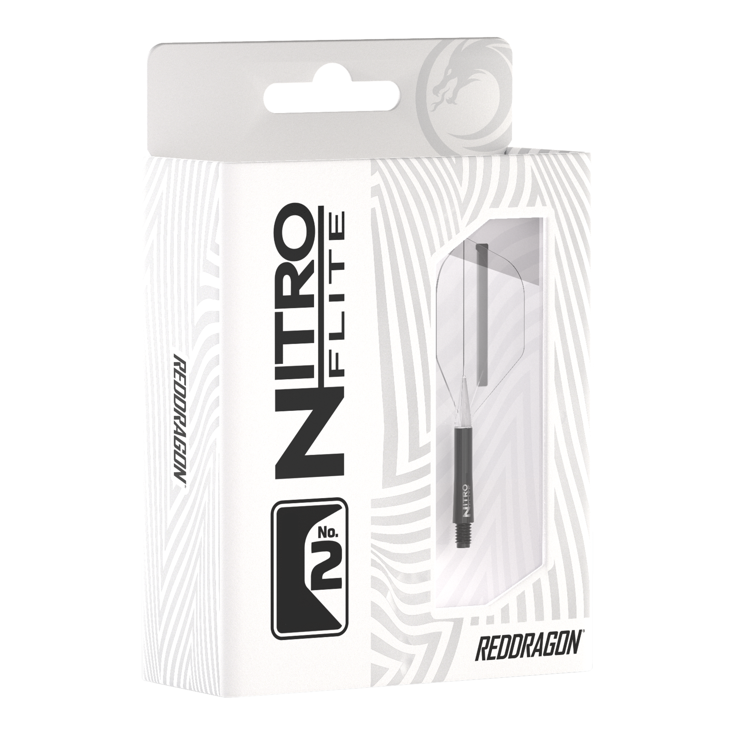 Die Abbildung zeigt die Verpackung des Produkts „Red Dragon Nitroflite - Black Shaft Clear No2 Flights“. Die Verpackung ist überwiegend weiß mit schwarzen Aufdrucken und einer Sichtöffnung, durch die das Produkt zu sehen ist.