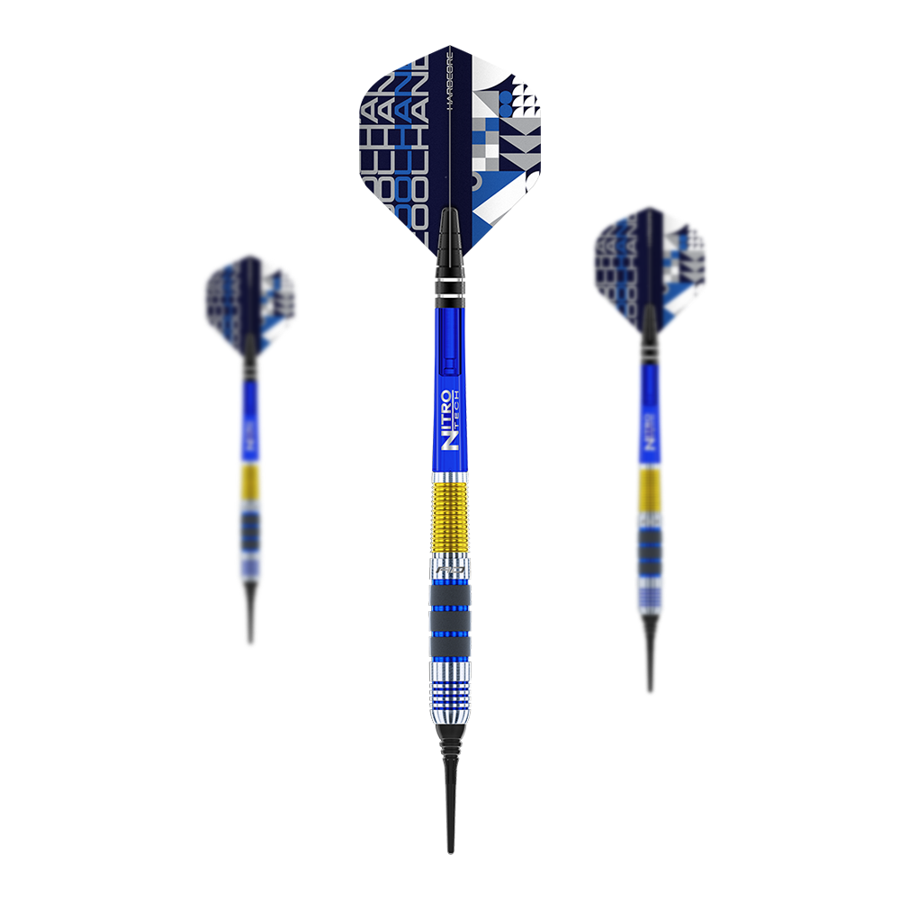 Red Dragon Luke Humphries Softdarts - 20g Das Bild zeigt drei Softdarts des Modells "Red Dragon Luke Humphries Softdarts - 20g". Die Darts sind überwiegend blau, gelb und silbern gestaltet und besitzen bunte Flights mit geometrischem Muster.