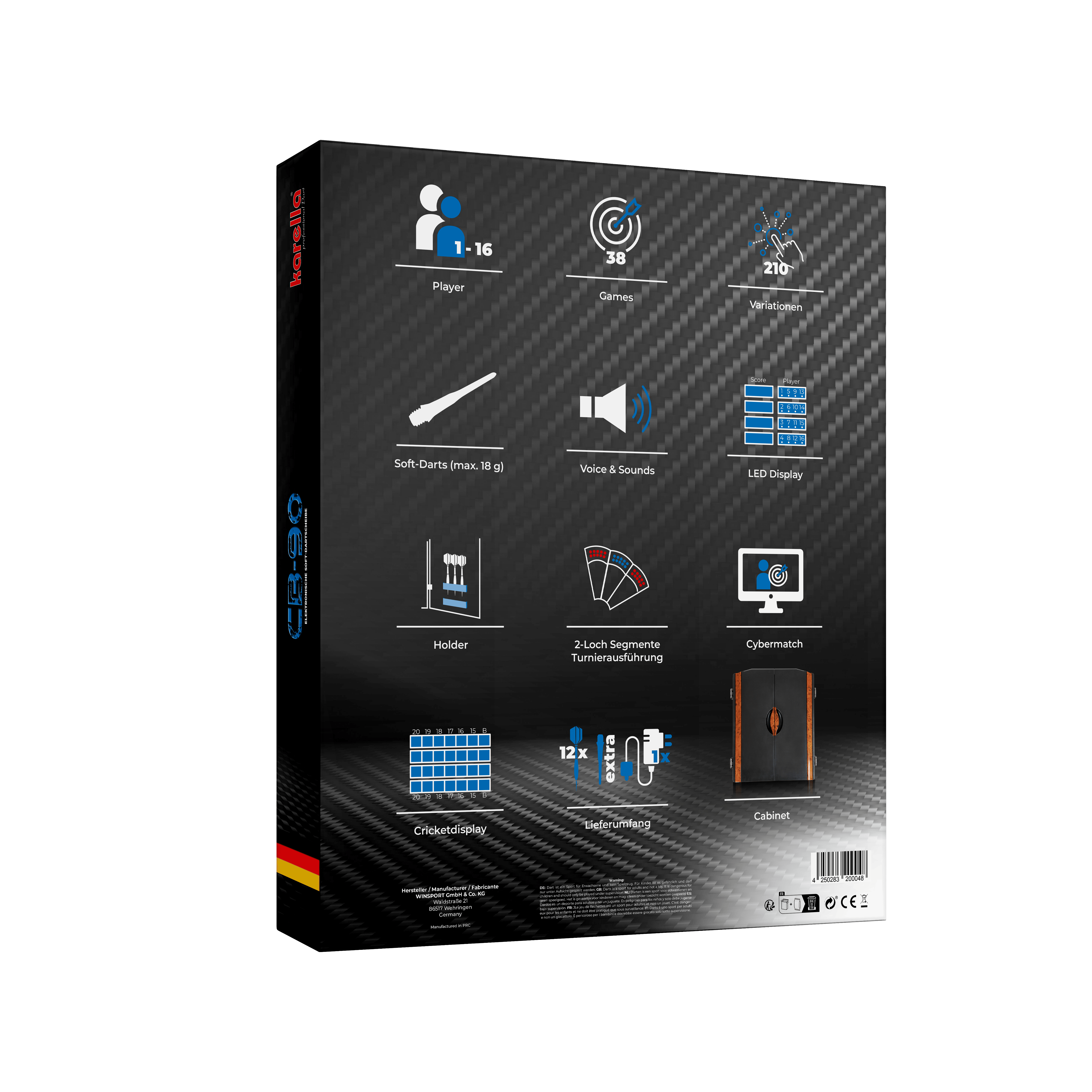Diana electrónica CB 90 versión torneo Die Abbildung zeigt die Rückseite der Verpackung der elektronischen Dartscheibe CB 90 Turnierausführung mit Symbolen zu den wichtigsten Funktionen. Es werden verschiedene Merkmale wie Spieleranzahl, Spielmodi, LED-Display und Zubehör dargestellt.