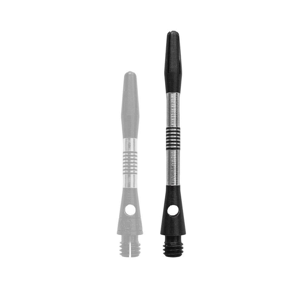 Ejes de aluminio Bulls NL Cetra - Negro Gezeigt wird ein schwarzer Aluminium-Schaft für Dartpfeile. Der Schaft hat eine Länge von 34mm.