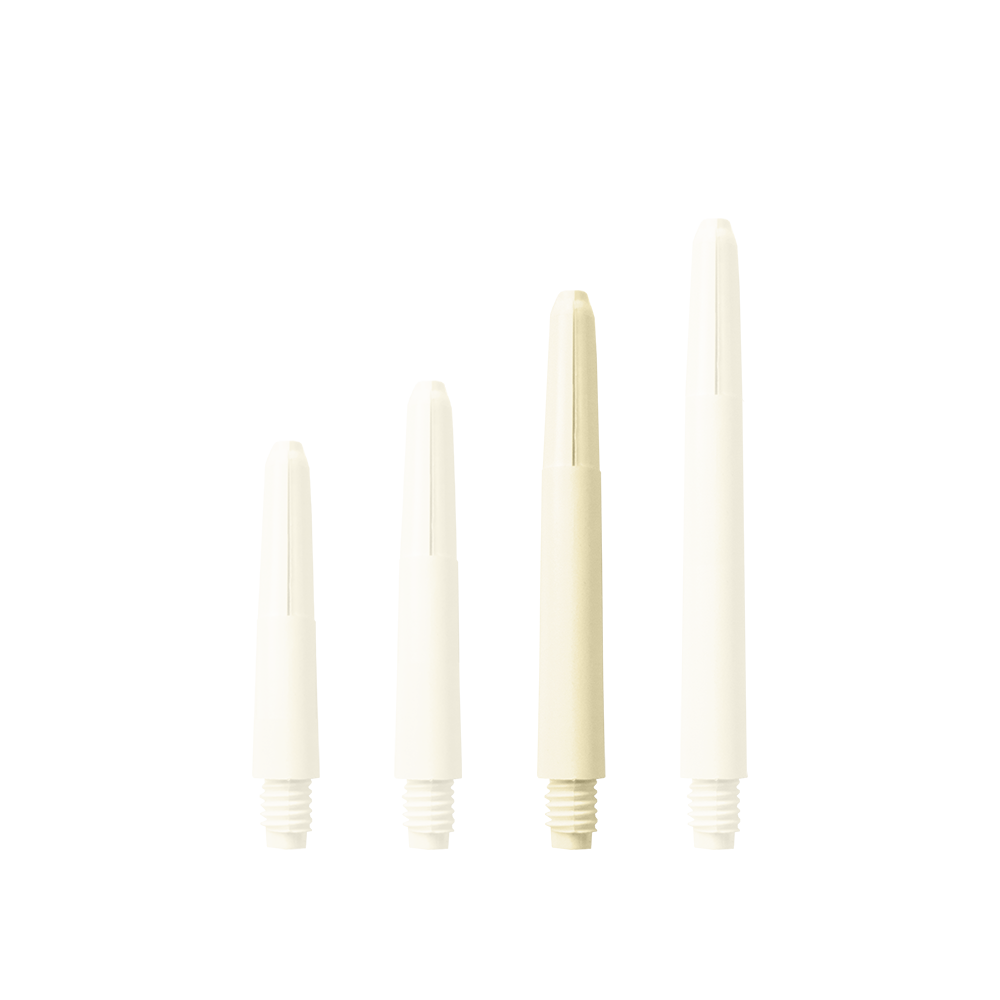 577_Nylon_Shafts_Naturweiss_40mm_1acxoP3mORhImZ Das Bild zeigt vier Nylon Shafts in Naturweiß, die in unterschiedlichen Längen angeordnet sind. Jeder Schaft hat am unteren Ende ein Schraubgewinde.