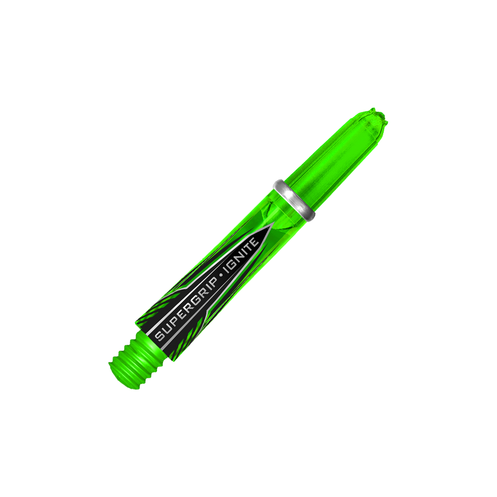 HR389_Harrows_Supergrip_Ignite_Shafts_Gr-n_33mm_2 Das Bild zeigt Harrows Supergrip Ignite Shafts in einer leuchtenden Farbe. Die Dartschäfte sind nebeneinander angeordnet.