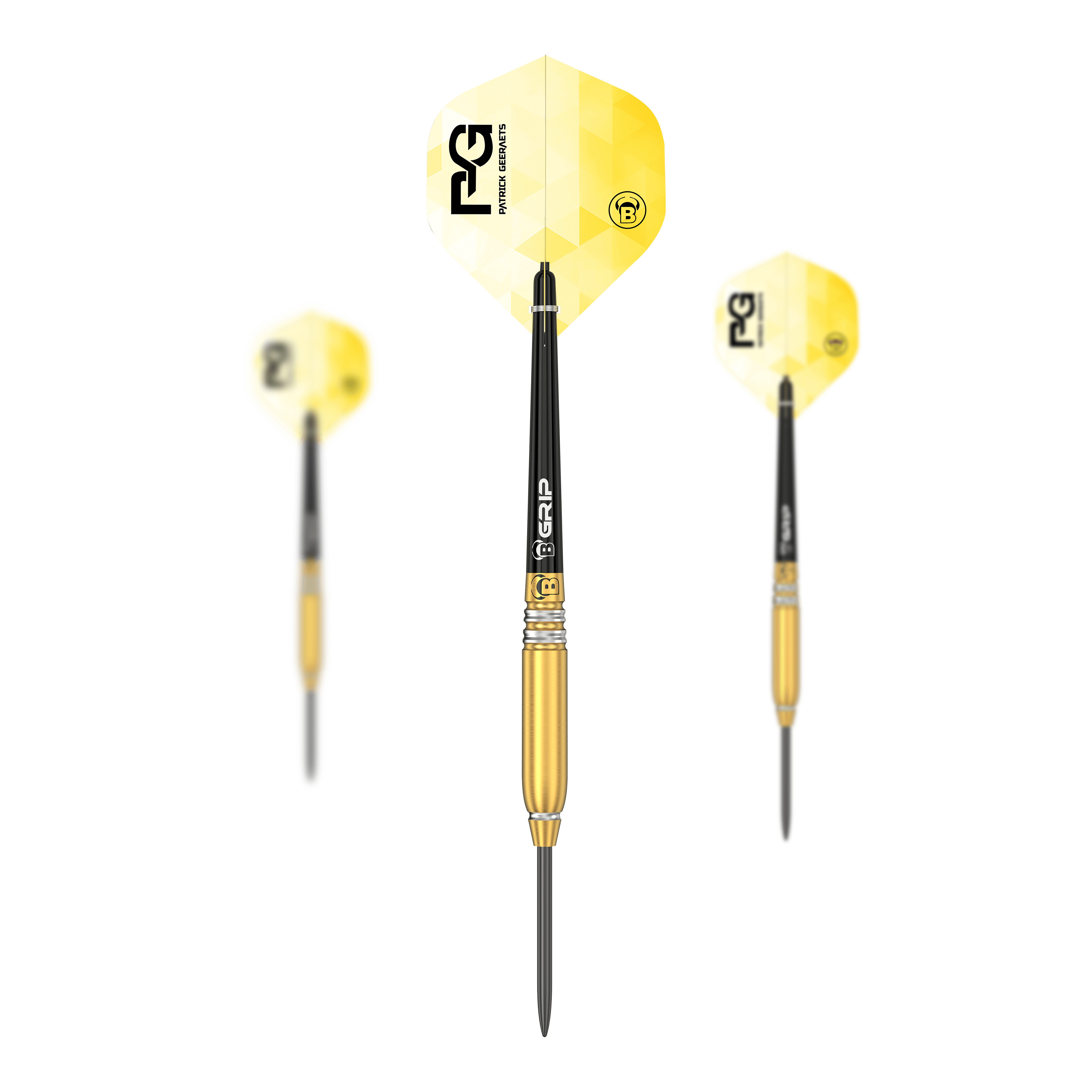 Das Bild zeigt drei Steeldarts des Modells "Bulls Patrick Geeraets" mit einem Gewicht von 23 Gramm. Die Darts haben gelbe Flights und einen goldfarbenen Barrel.