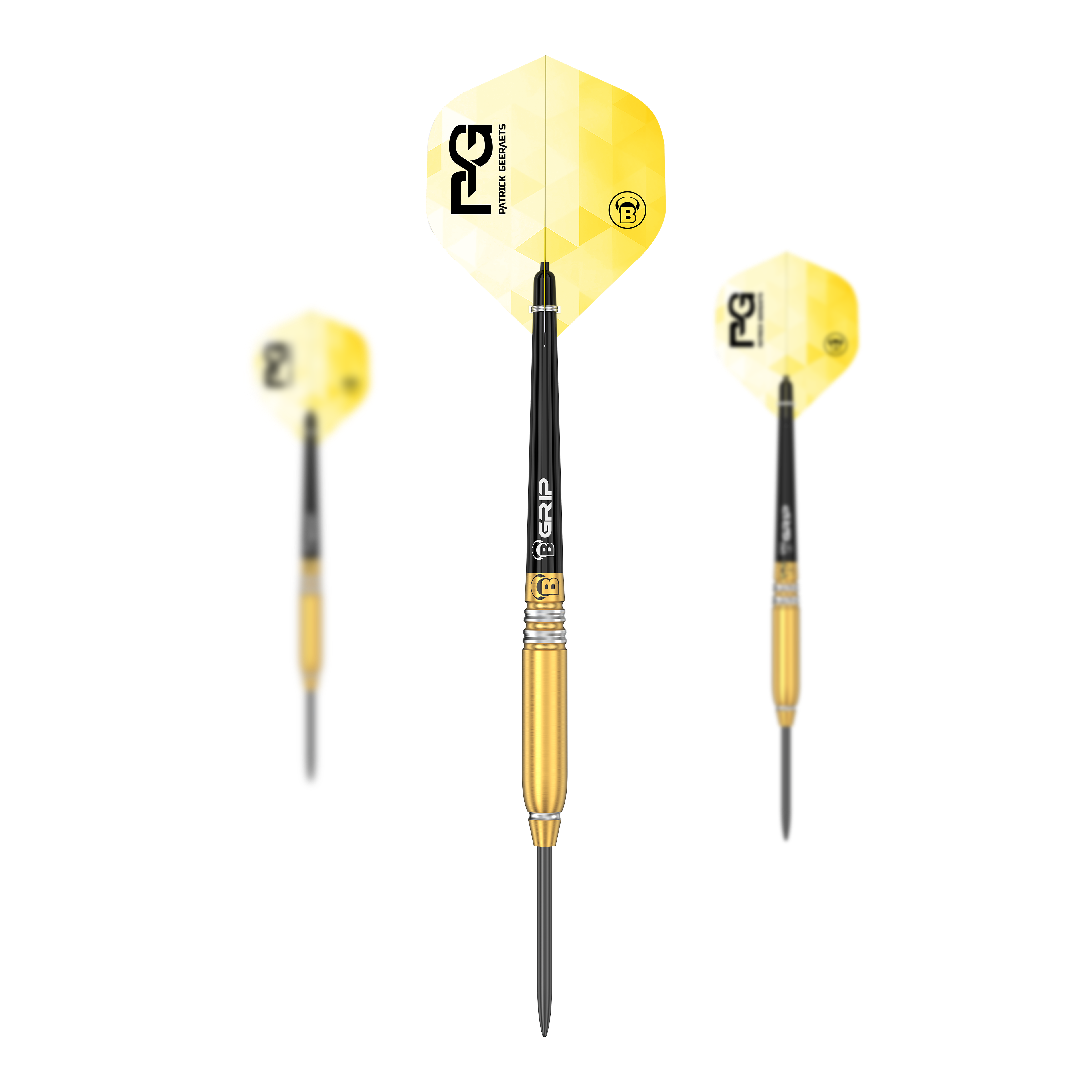 Bulls Patrick Geeraets Dardos de acero - 23g Das Bild zeigt drei Steeldarts des Modells "Bulls Patrick Geeraets" mit einem Gewicht von 23 Gramm. Die Darts haben gelbe Flights und einen goldfarbenen Barrel.