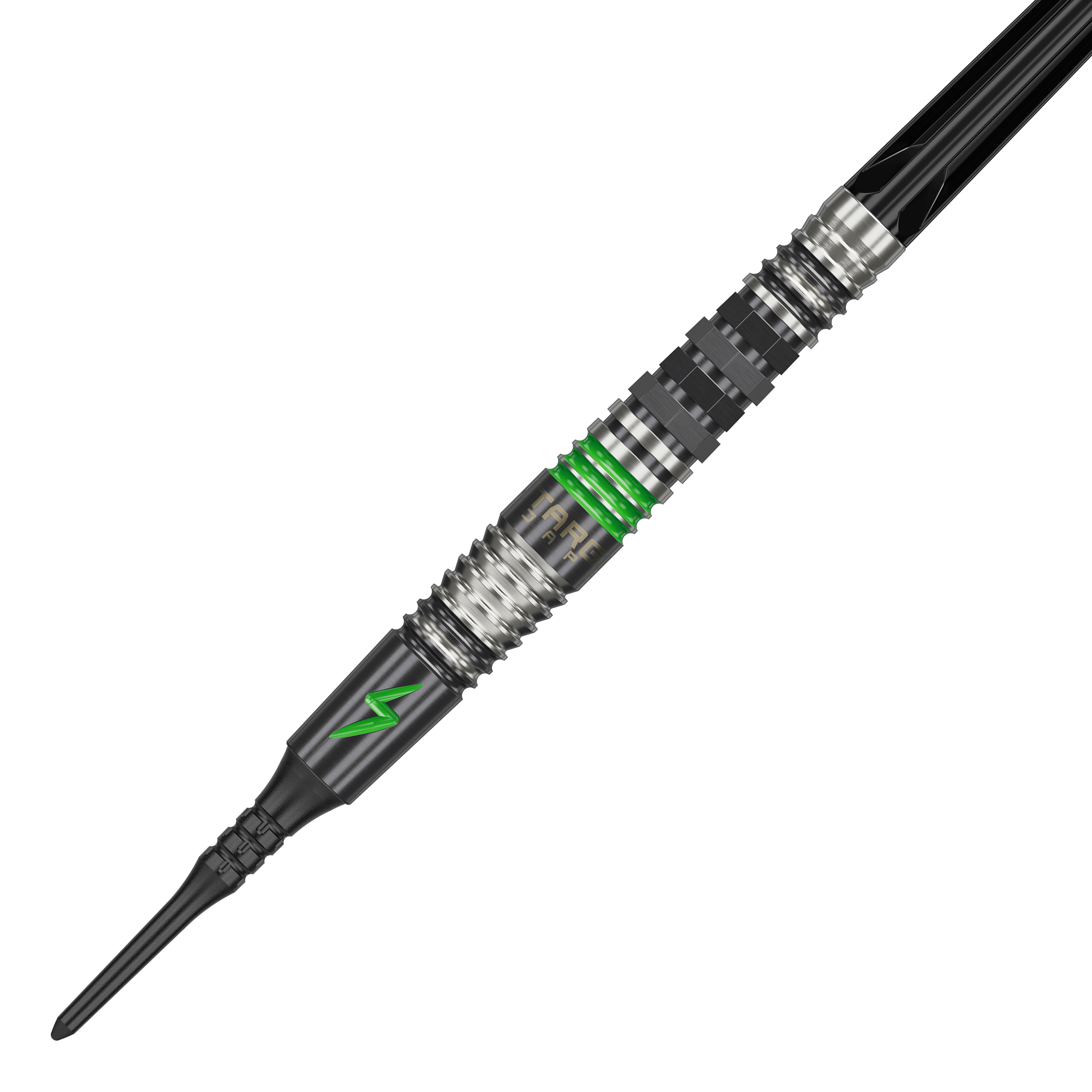 Das Bild zeigt einen Softdart namens "Target Japan Black Marque Lightning 3" mit einem Gewicht von 19g. Der Dart ist schwarz-silber mit grünen Akzenten und einem Blitzsymbol verziert.
