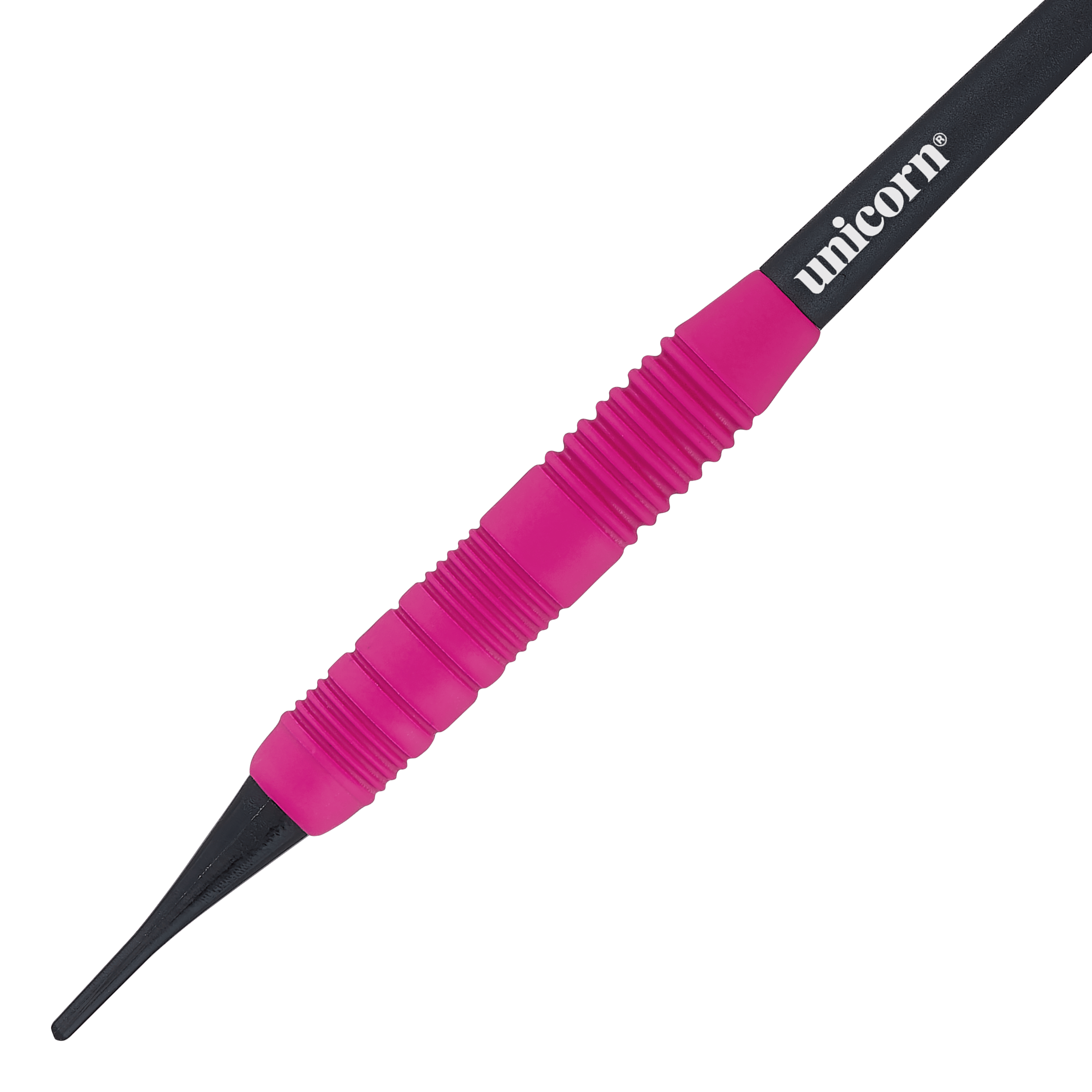 Dardos suaves de goma Unicorn Core Plus, color rosa - 19 g Das Bild zeigt einen Unicorn Core Plus Rubberised Pink Softdart mit einem Gewicht von 19g. Der Dart hat einen pinken, gummierten Griff und eine schwarze Spitze.
