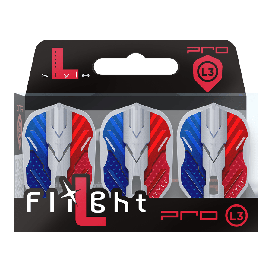 Vuelos L-Style V-Series V1 Tipo B Francia Blanco transparente L3PRO Das Bild zeigt eine Verpackung mit drei Dartflights der Marke L-Style in den Farben Blau, Weiß und Rot. Auf der Verpackung steht "Flight L Pro L3", und die Flights haben ein modernes, kantiges Design.