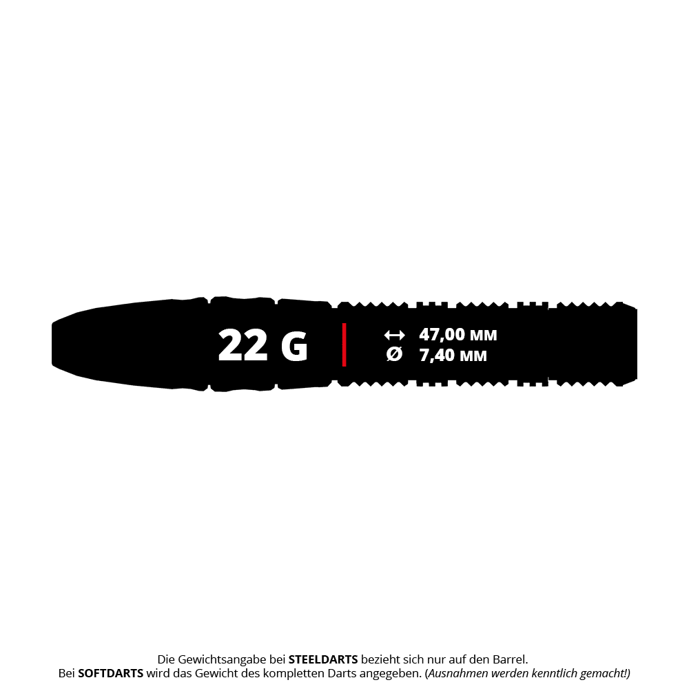 Dardos de acero Target Japan Pyro GEN11 Swiss Point - 22 g Das Bild zeigt die technischen Daten des "Target Japan Pyro GEN11 Swiss Point Steeldarts - 22g". Der Dart wiegt 22 Gramm, ist 47,00 mm lang und hat einen Durchmesser von 7,40 mm.