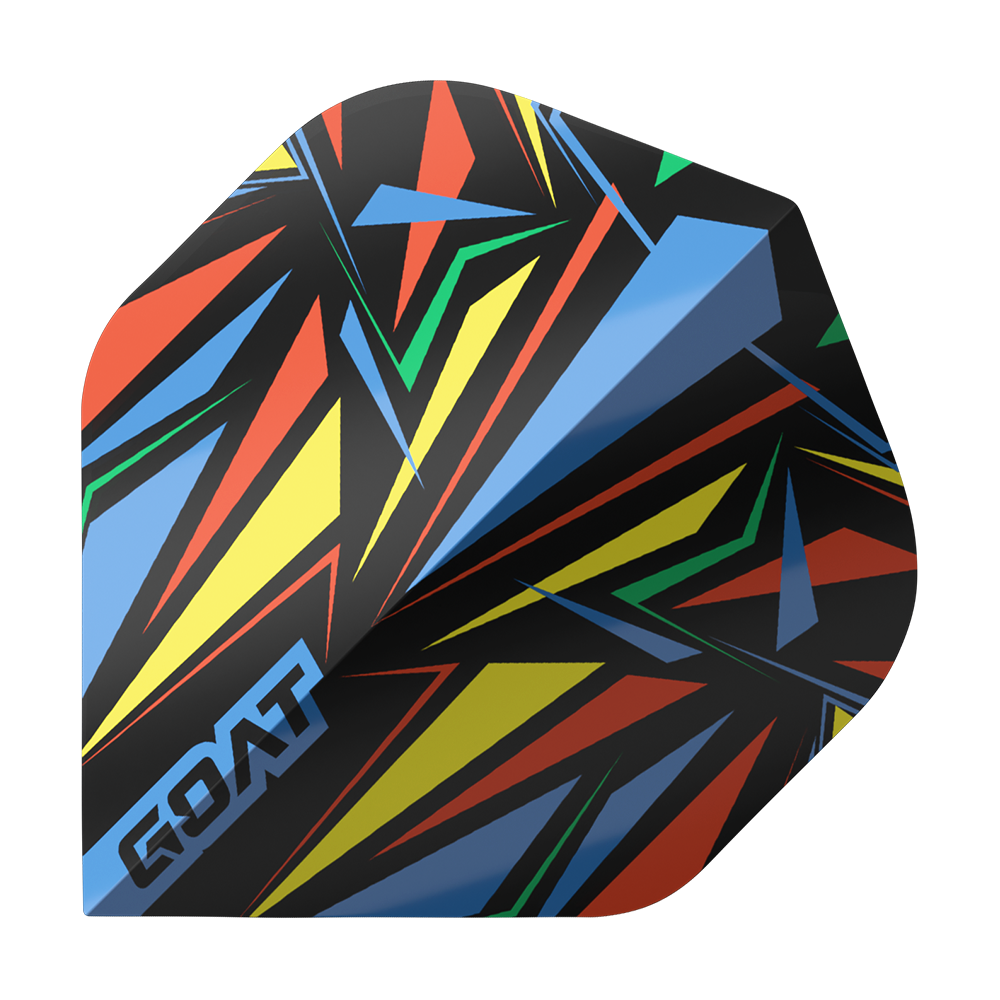 Vuelos estándar GOAT Athlete Blue No2 Dieses Bild zeigt ein Dart-Flight mit einem bunten, geometrischen Muster in Blau, Gelb, Rot und Grün. Auf dem Flight steht das Wort "GOAT" in blauen Buchstaben.